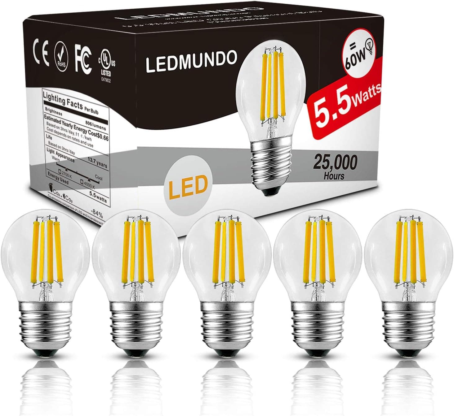 LEDMUNDO 806 Lumen LED Edison Light Bulbs, 5.5 Watt, Fully Dimmable, 4000K Natural Daylight White Lighting Bulbs, 60W Equivalent, E26 Base, no Flickering, LED Globe Light Bulb Set - 5 Pack