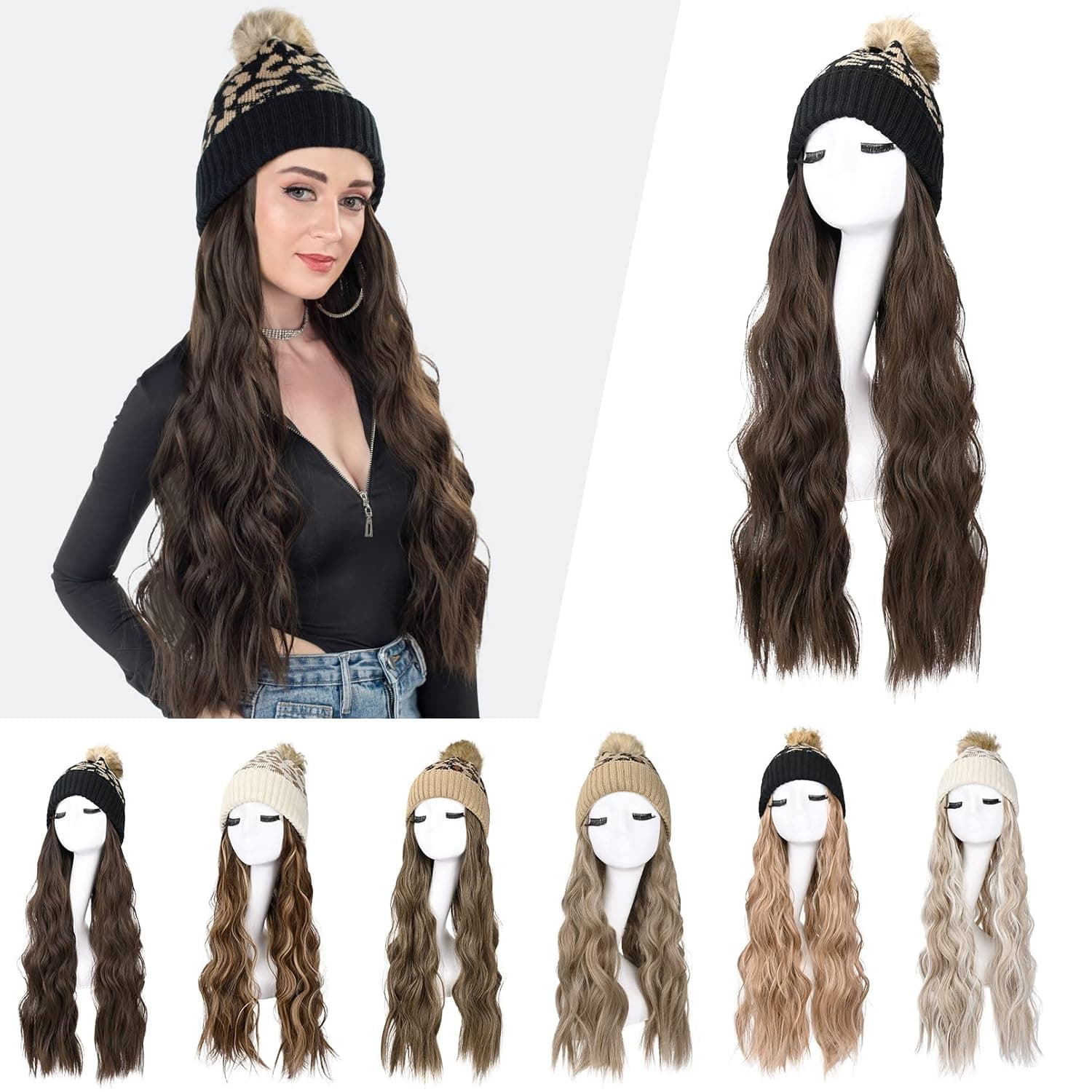 SEIKEA Wig Hats with Hair for Black Women with 20 Inch Long Soft Wavy Curly Hair Extensions Winter Warm Leopard Knit Hat Wig Beanie Synthetic Hairpiece Daily Wear Black/Brown Hat-Dark Chocalate Brown