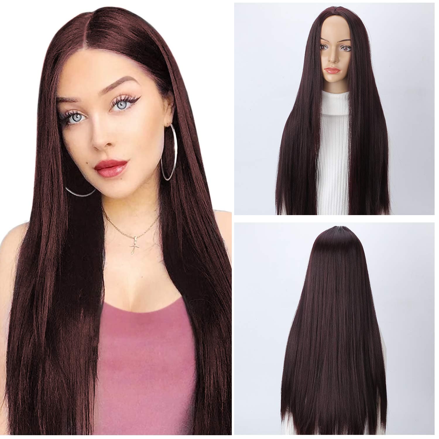 ChocolateBrown 26inches Long Straight Natural Wig Middle Part Straight Wig with Highlights for Women Synthetic Straight Hair Wig for Daily Life Parties Fashion Show No Bangs 26" (Brown)