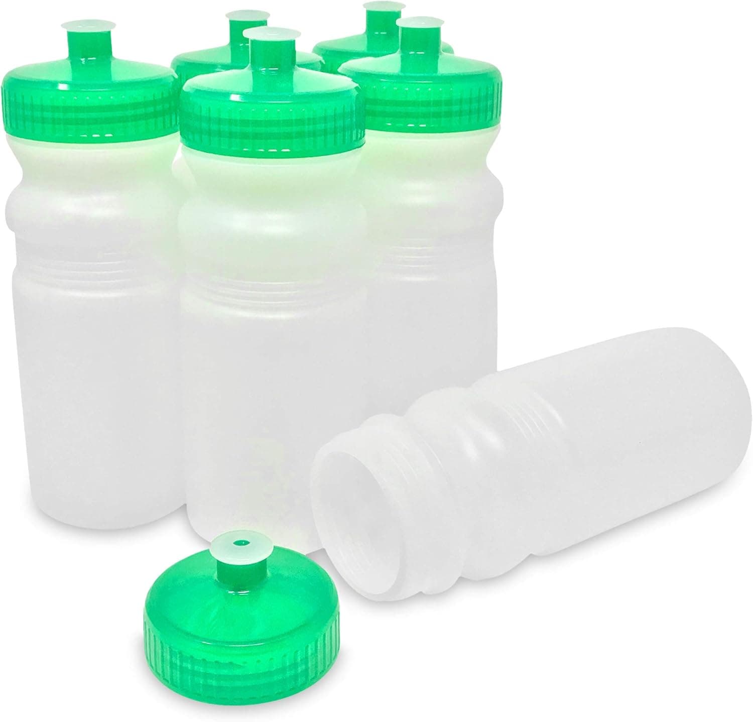 CSBD 20 oz Sports Water Bottles, 6 Pack, Reusable No BPA Plastic, Pull Top Leakproof Drink Spout, Blank DIY Customization for Business Branding, Fundraises, or Fitness Frost Bottle Green Lids