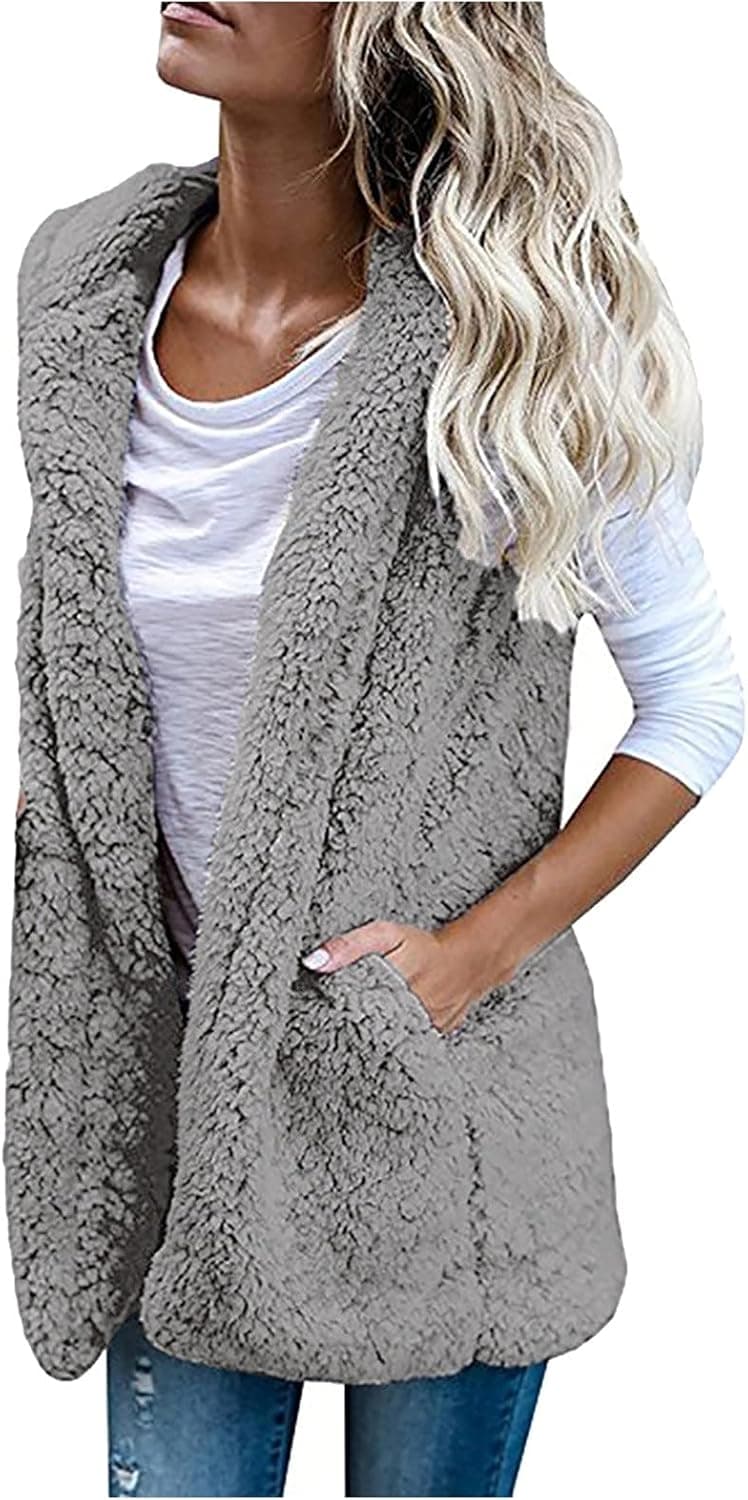 NAMTYQX 2023 Women's Sherpa Jacket Vest Casual Lapel Fleece Fuzzy Coat Sleveless Outwear