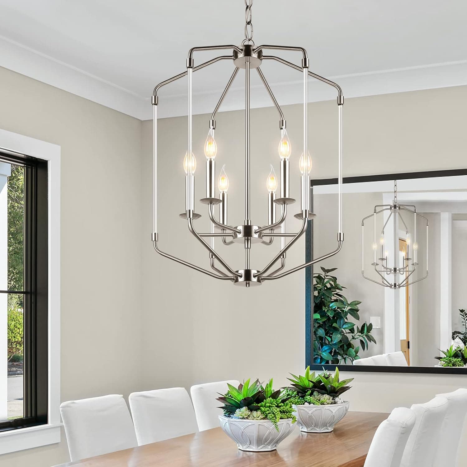 OKELI Farmhouse Chandelier for Dining Room 6-Light Brushed Nickel Modern Pendant Light Fixture Industrial Hanging Ceiling Light for Kitchen, Foyer, Entryway, Bedroom, Over Table, Bulbs Included