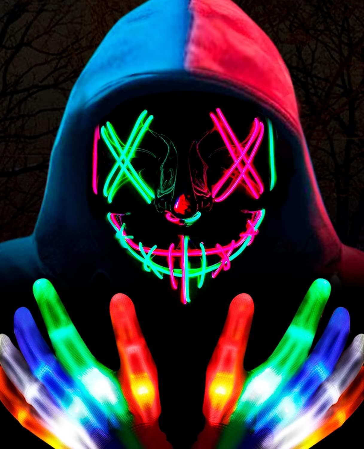 SWEMNED Halloween Mask LED Light Up Purge with Gloves, Scary Glow Costume El Wire for Men Women Kids Festival Cosplay Masquerade Parties Carnival Multicolour Pink & Green