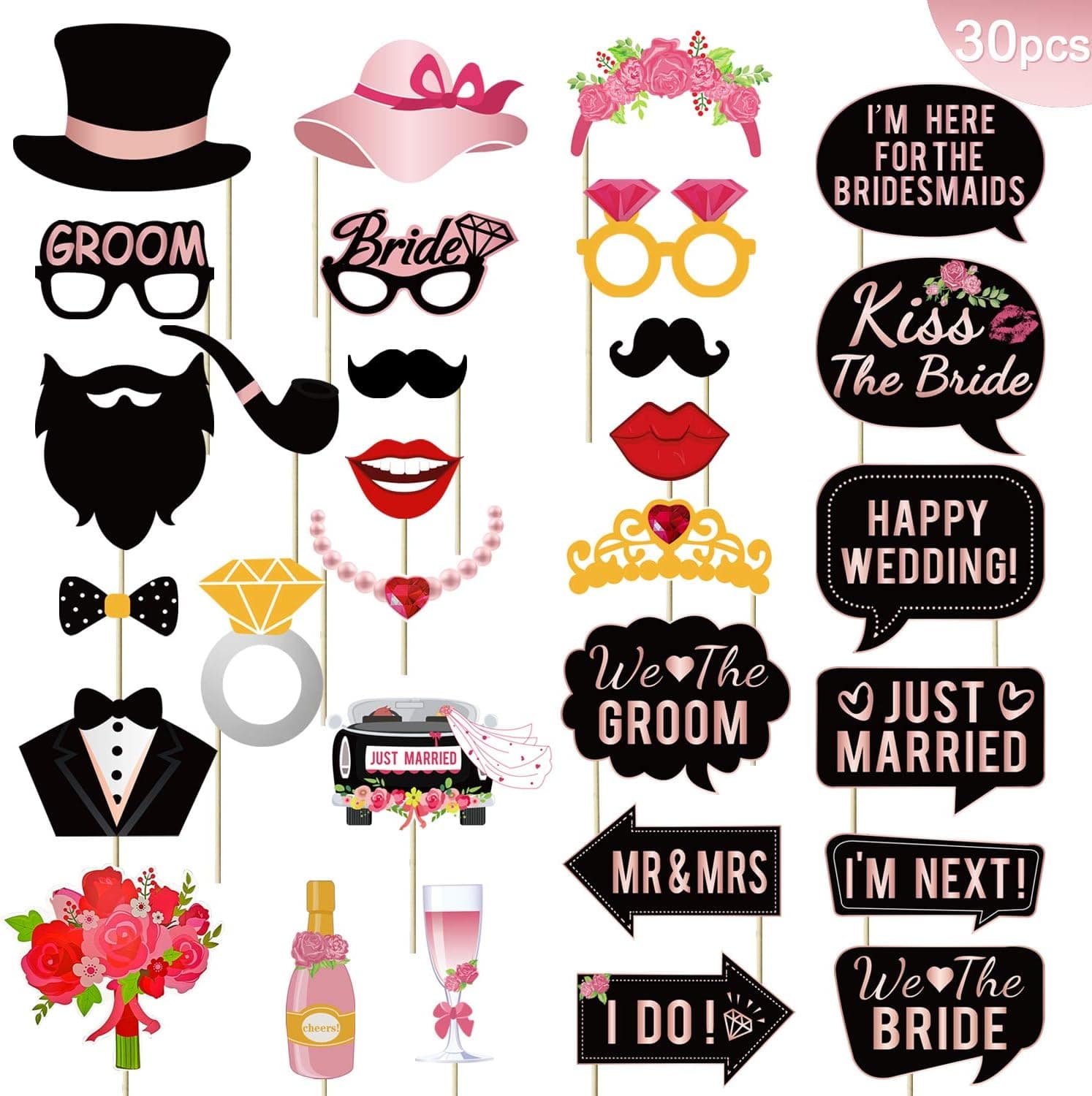 30PCS Rose Gold Wedding Photo Booth Props Kit - Large Size,No Assembly Required - Funny Wedding Photo Booth Props - Wedding Bridal Shower Bachelorette Party Favors Supplies