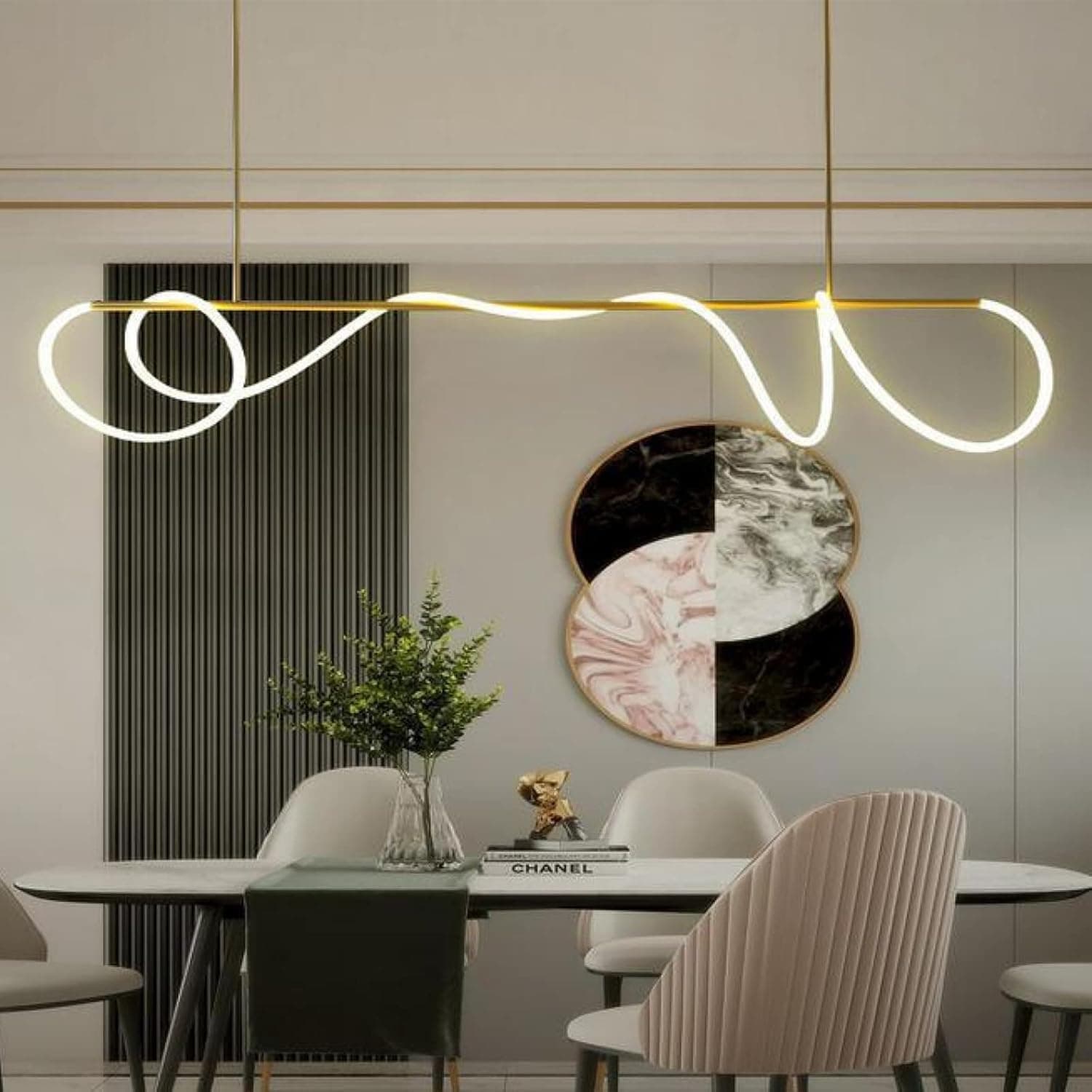 Nordic Minimalist Iron LED Pendant Light, With LED Soft Tube, Interior Chandelier Light, Decorative Ceiling Light, Ideal For Office Or Restaurant,WarmLight-200CM/78.7in