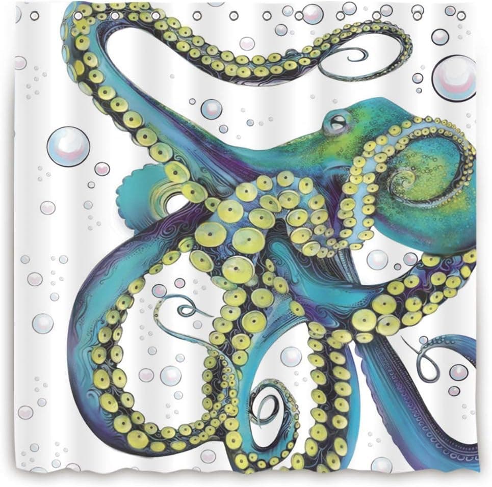 Meet 1998 Octopus Panel Blue Green Kraken Decor Waterproof Bathroom Fabric Shower Curtain Bath Curtain,36x78inch Small Stall Size