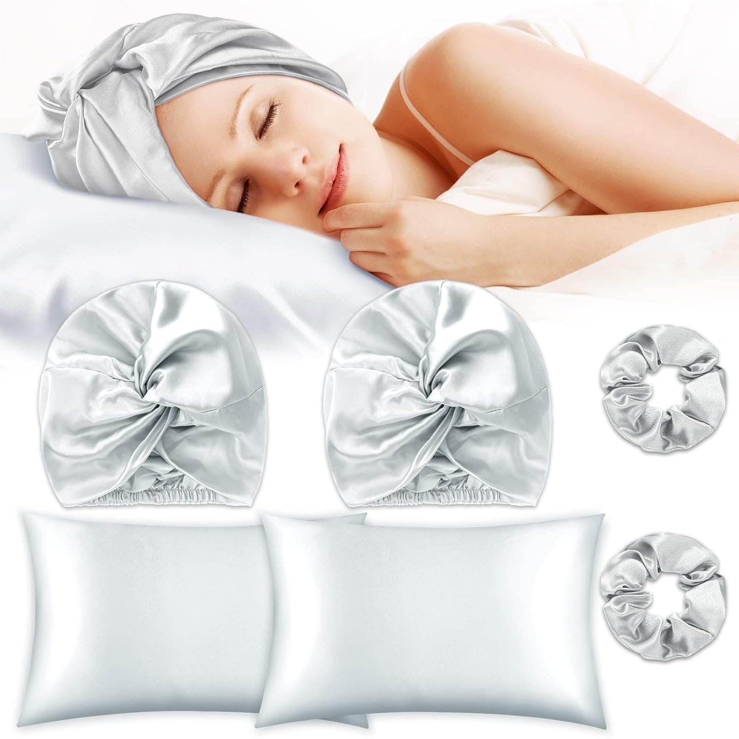 SATINIOR 6 Pieces Silk Cap Silk Pillowcase Set, Silk Sleeping Bonnet Silk Hair Wrap Silk Pillow Cases Silk