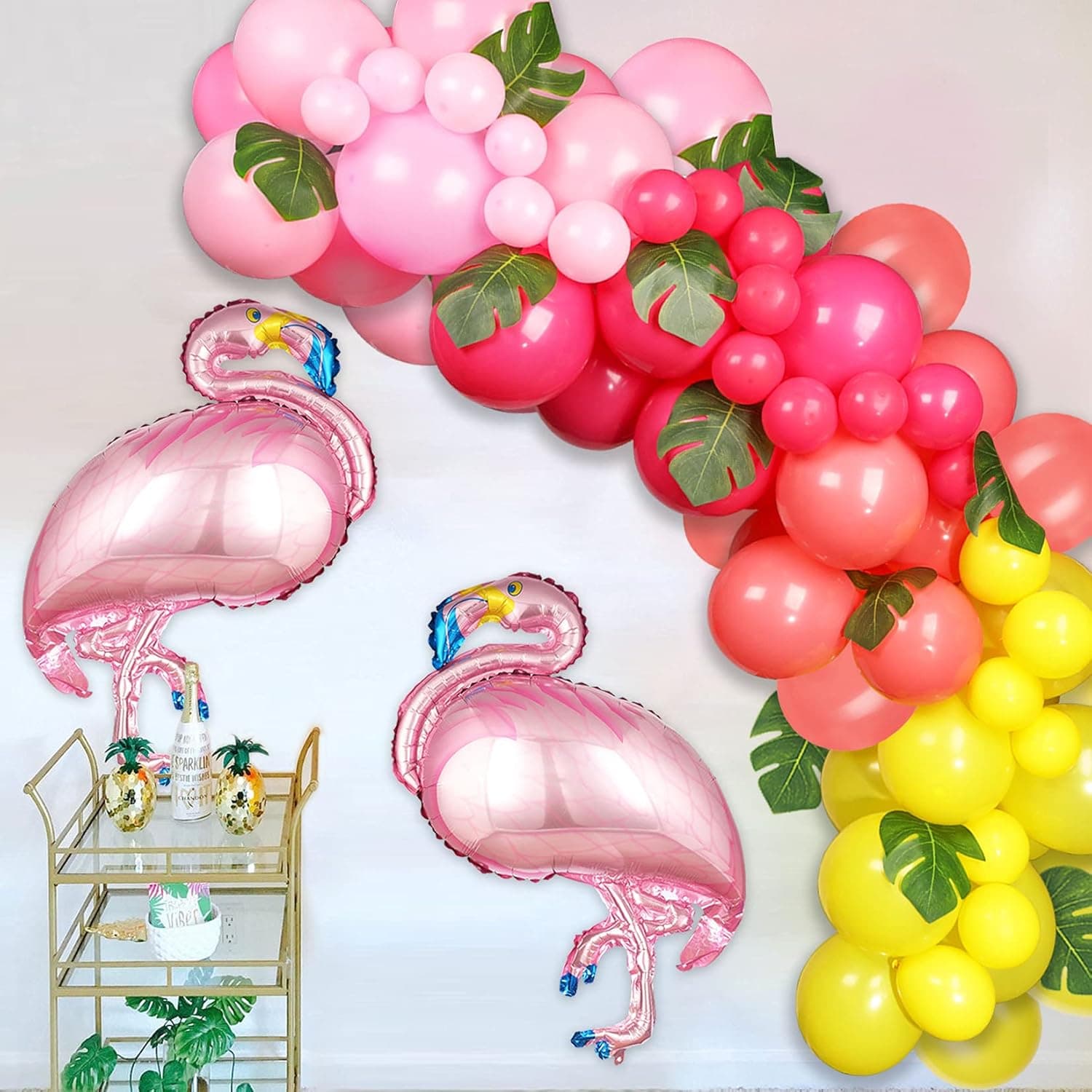 EAF Tropical Balloons Garland 96PCS Flamingo Hawaiian Balloon Garland with Hawaiian Balloons,Flamingo Balloon and Palm Leaves for Aloha Luau Party