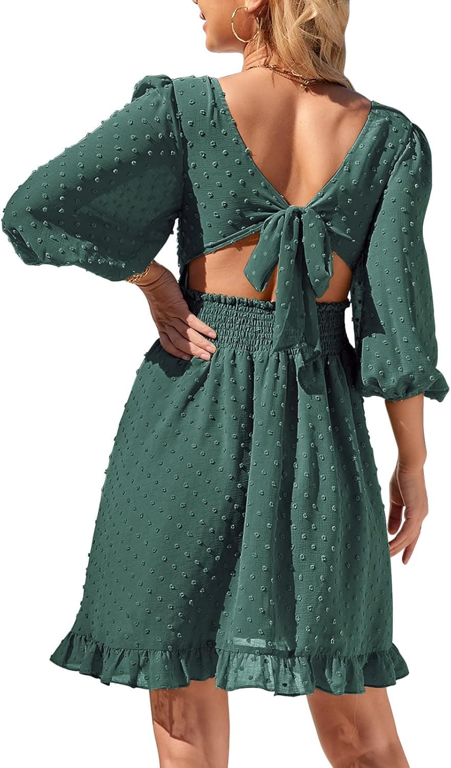 EXLURA Women's Swiss Dot V Neck Drawstring Mini Dress Tie Back Backless Short Dress Puff Elbow Sleeve Ruffle Dresses