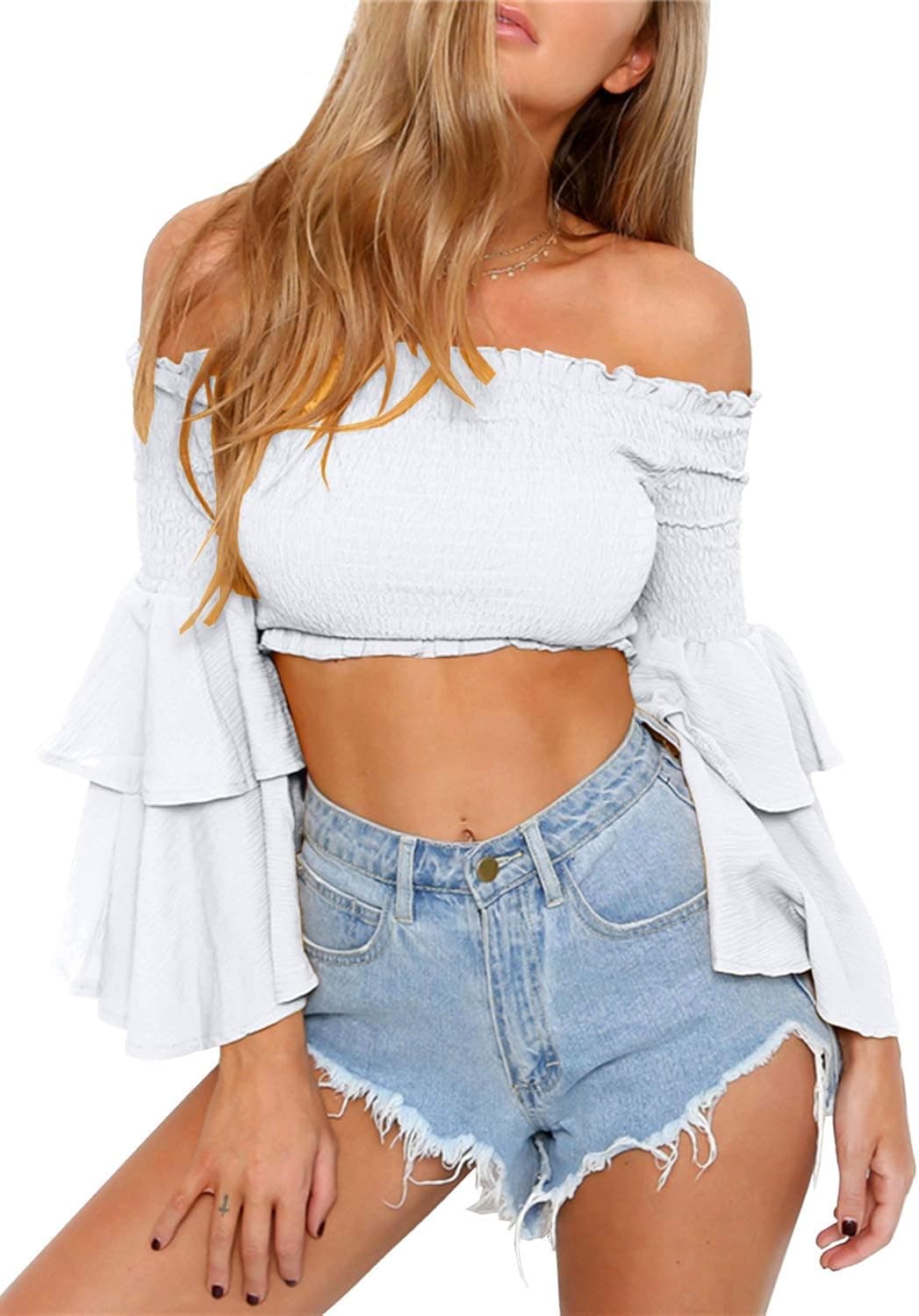 Arjungo Women's Vintage Off The Shoulder Tops Long Flared Sleeve Elastic Crop Tops Bandeau Blouse Shirt