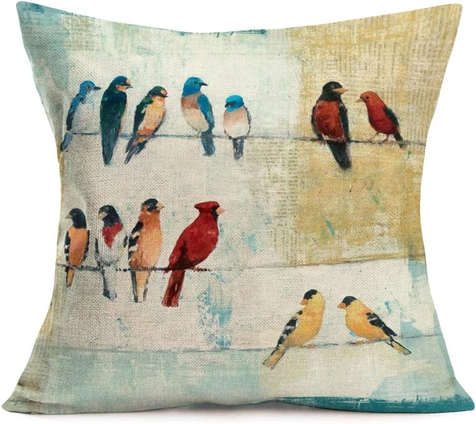 Tlovudori Hopyeer Vintage Wood Bird Pillow Covers, Lots of Watercolor Bird Cotton Linen Cushion Cover Square Standard Home Decorative Throw Pillow Case for Men/Women 18x18 Inch (Wood Birds)