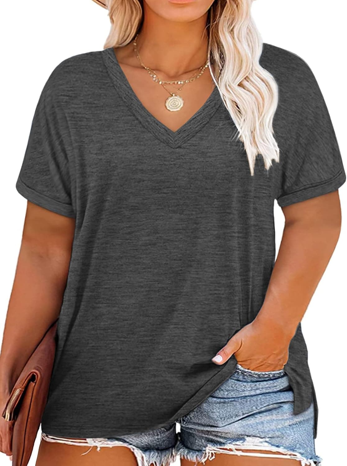 ROSRISS Plus-Size Tops for Women V Neck T Shirts Short Sleeve Side Split Tunics