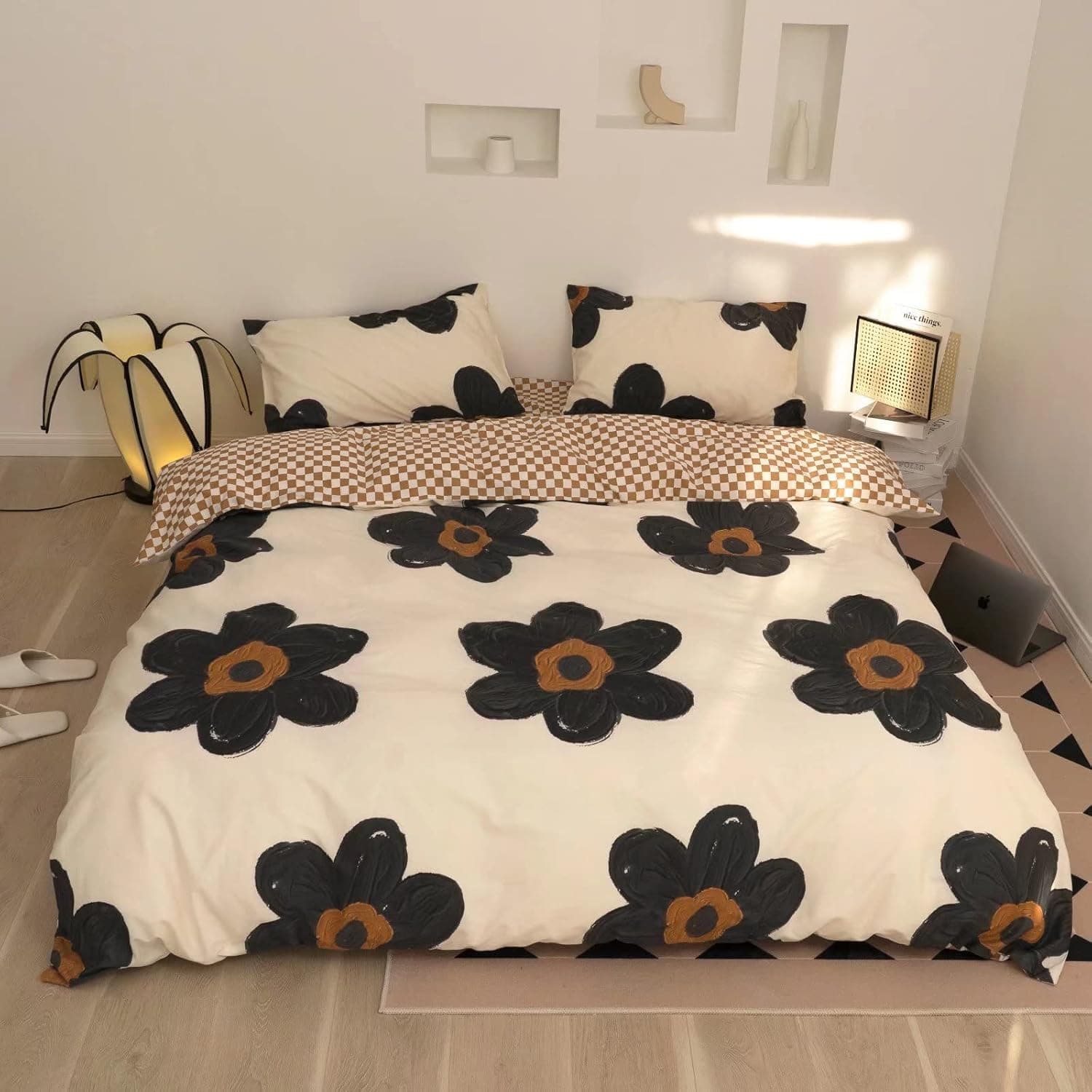 Wellboo Floral Comforter Sets Women Girls White and Black Botanical Bedding Comforter Sets King Black Floral Cotton Large Flower Plant Blankets Adults Teens Watercolor Flower Quilt Garden Bohemian Bed