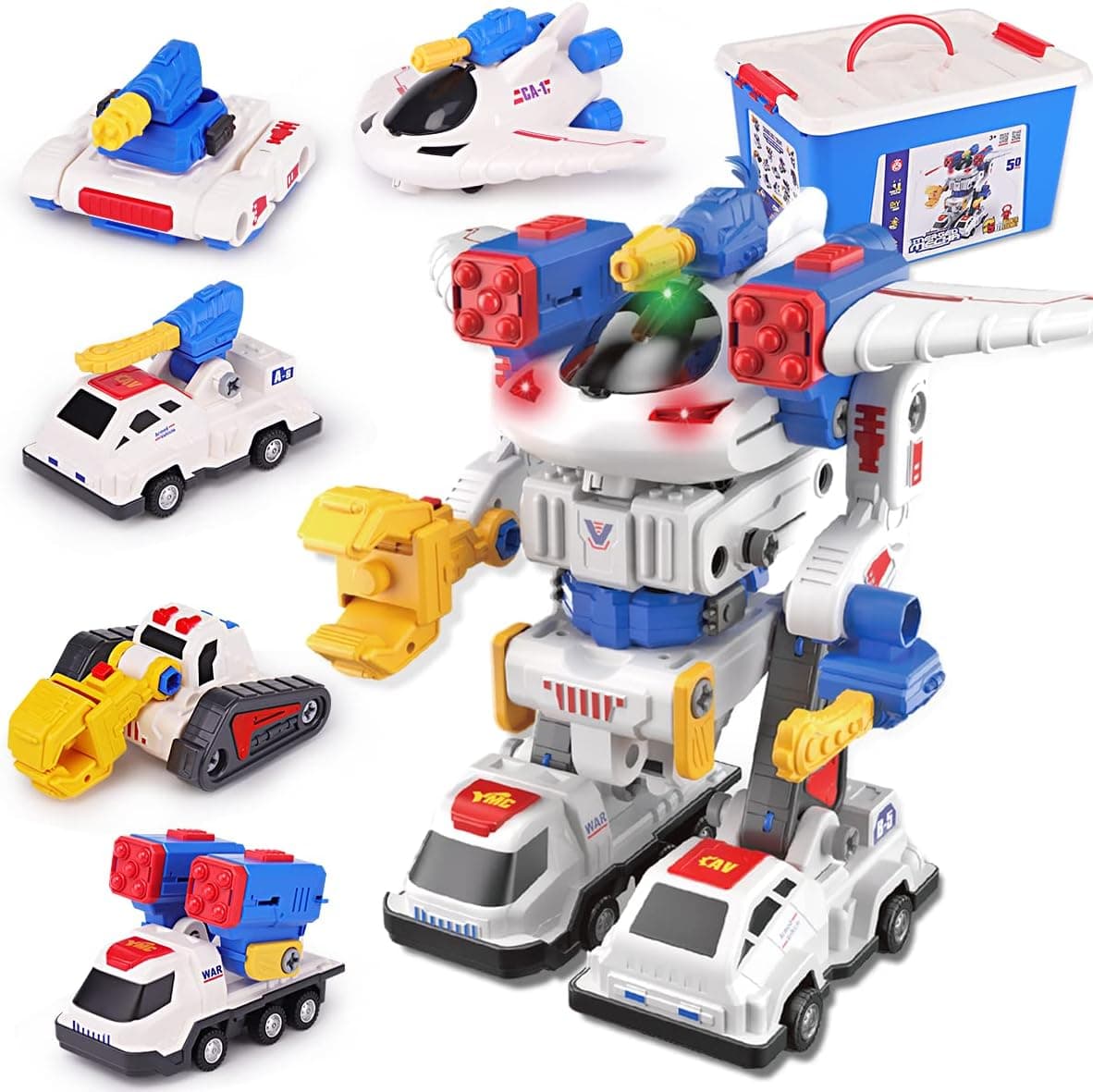 Take Apart Vehicle Construction Trucks Toy, Kids 5-in-1 Armored Fighting Car Transform to Magnetic Robot w/ Storage Box, Child STEM Building Birthday Gift for 3 4 5 6 7 Year Old Boys Girls (50PCS)