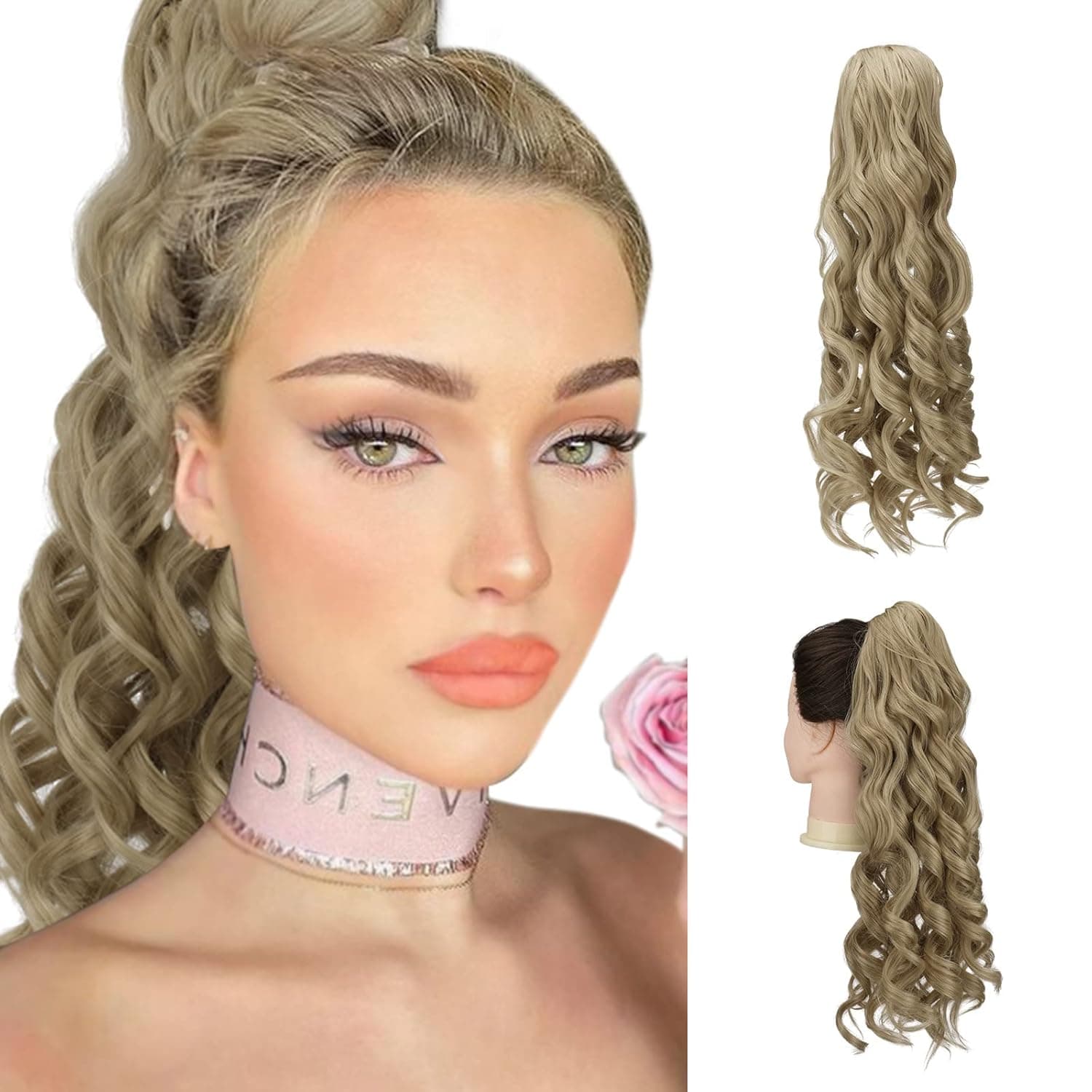 PEACOCO Wavy Curly Ponytail Hair Extension for Women, 20 Inch Synthetic Long Body Wave Pony Tail Extensions Drawstring Ponytail Hairpieces with 2 Clips (24/613)