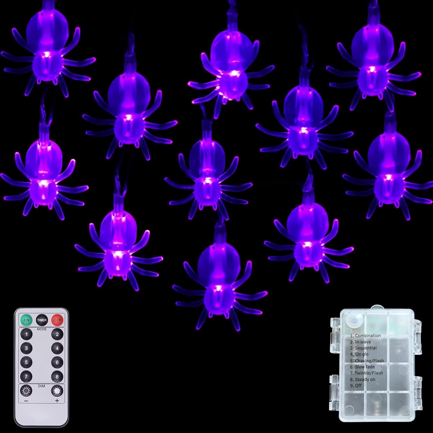 Halloween String Lights, 30 LED Spider Light with Remote, 8 Lighting Modes, Timer and Dimmable, Battery Powered Waterproof LED Halloween Lights for Halloween Decorations Outdoor Indoor (Purple)