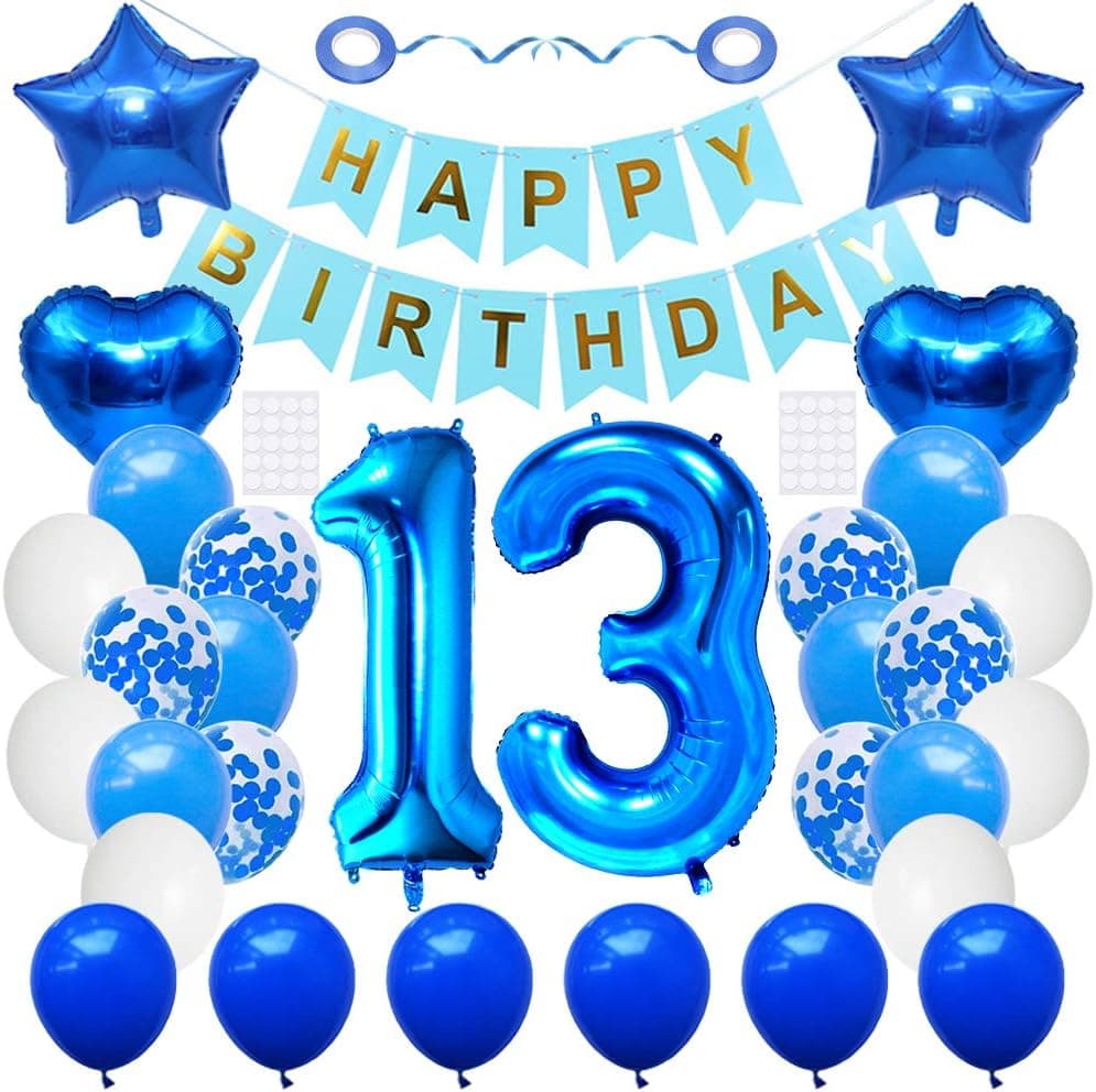 Huture 13 Birthday Party Supplies Blue Number 13 Foil Balloon Happy Birthday Banner Kit 13th Birthday Decoration White Blue Latex Confetti Balloon Foil Star Balloon Great Gift for Girls Boys Birthday