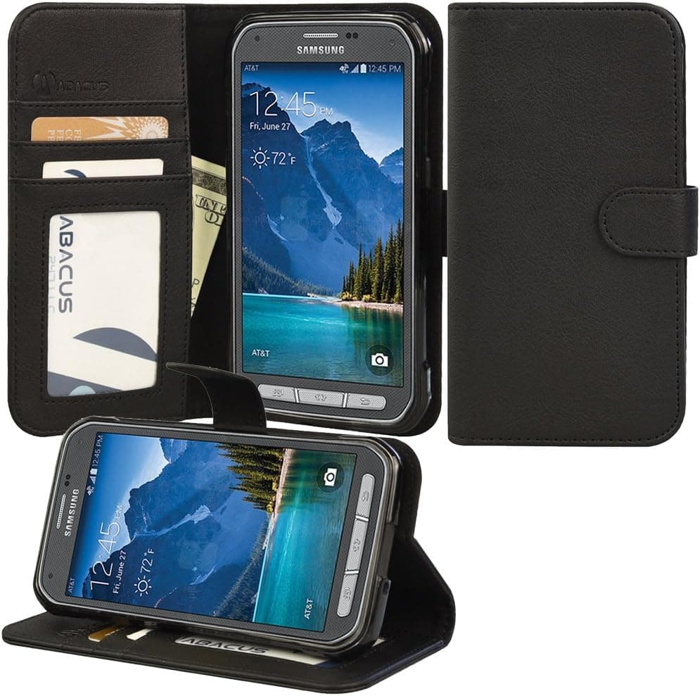 Galaxy S5 Active Case, Abacus24-7 Wallet with Flip Cover and Stand, Black