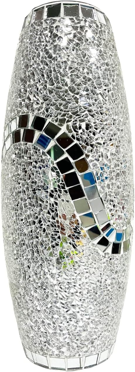 Decorative Shine Vase Stunning Handmade Mosaic Crackle Glass House Decor Table Centerpieces Modern Room Decoration (Hu-Silver)