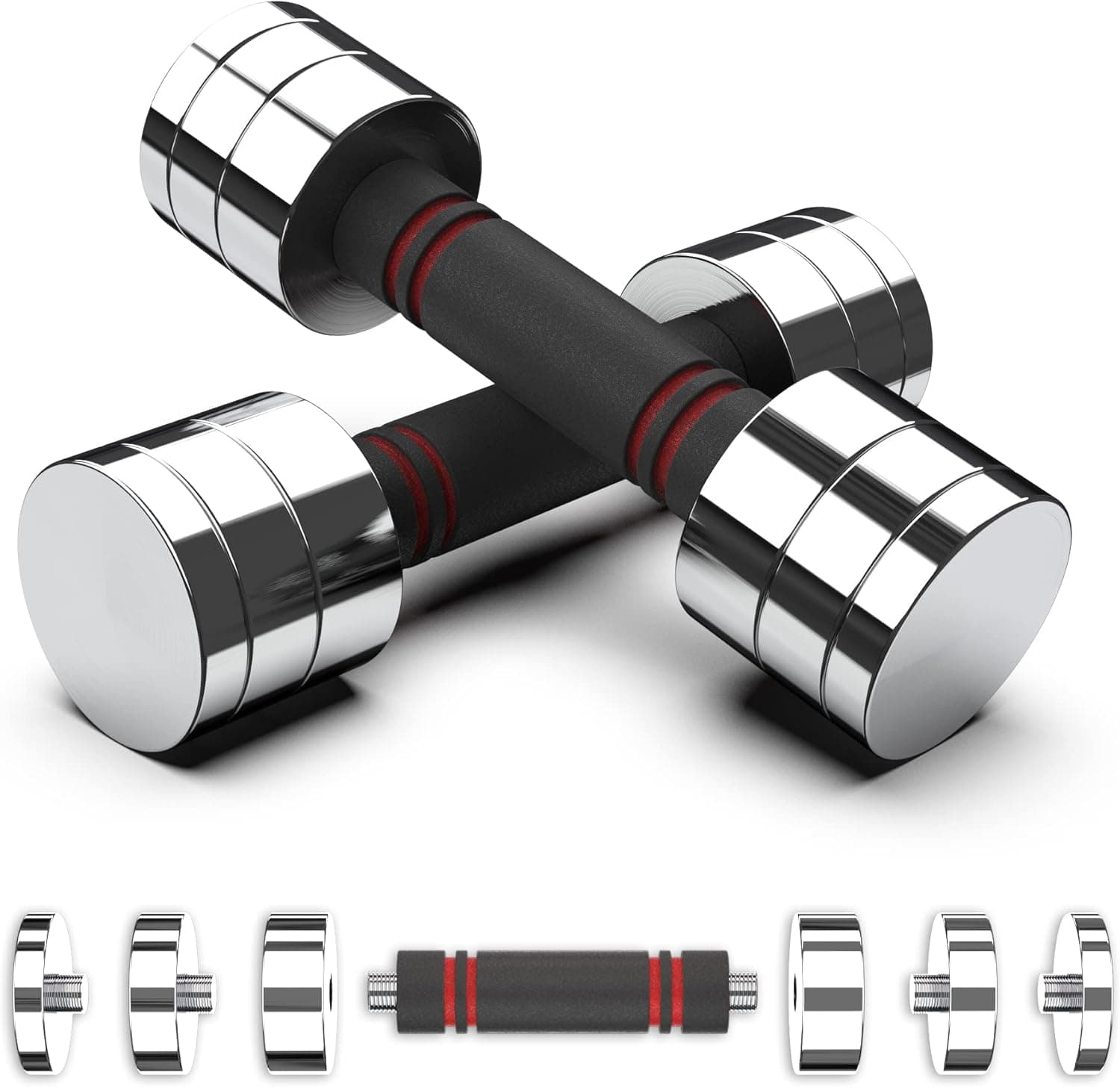 Synergee Ultra Compact Adjustable Dumbbell Sets. Steel Weight Set with Foam Handles and Chrome Finish. Weights Range from 5-20 lbs.