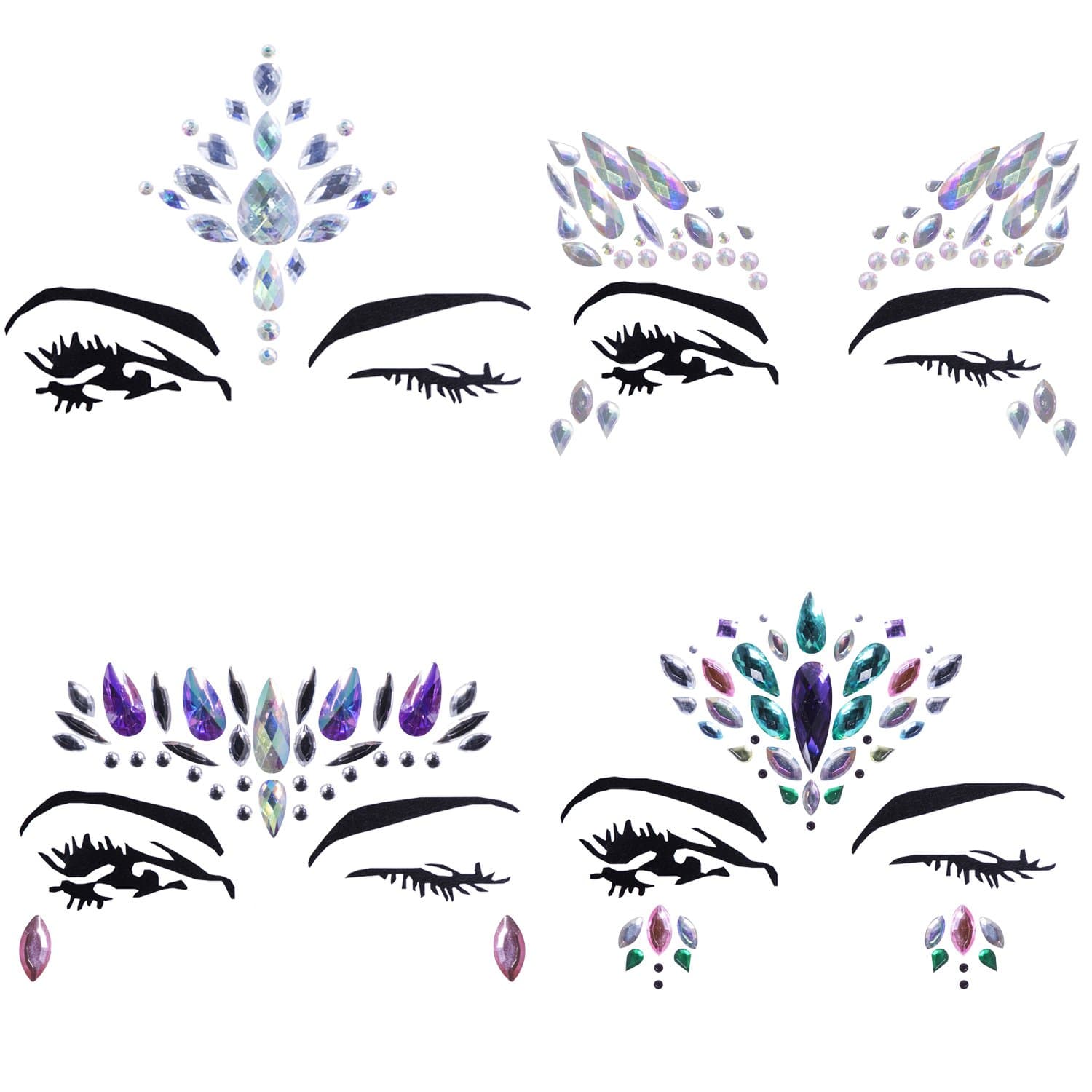 4 Sets Mermaid Face Gems Rhinestone Tattoo Festival Jewels Eyes Face Body Temporary Tattoos Glitter Temporary Tattoo Bindi Crystals Rainbow Tears Stickers