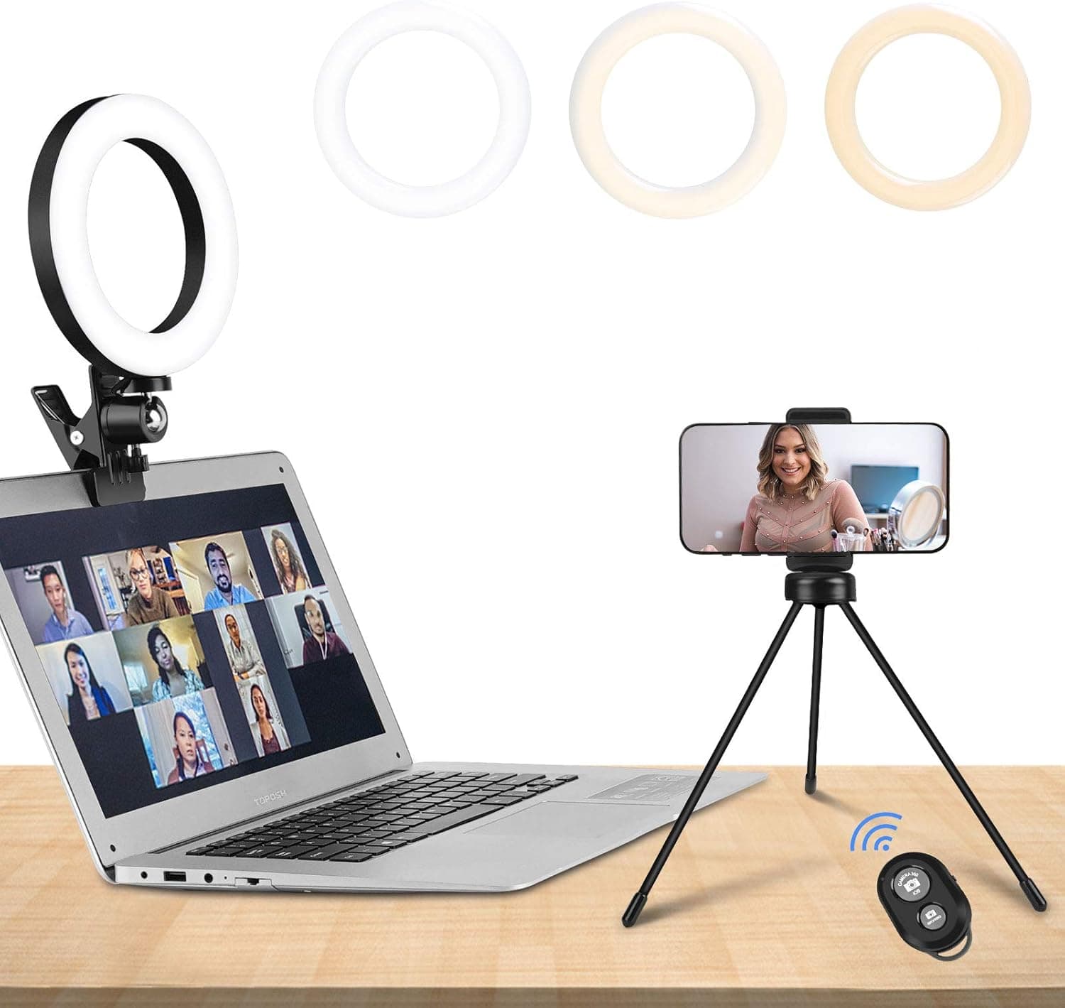 Desktop Ring Light，6" Video Conference Lighting with Clamp Mount,for Video Conferencing,Live Stream/Makeup Ringlight/YouTube Video, Bluetooth Remote Control Compatible with iPhone and Android