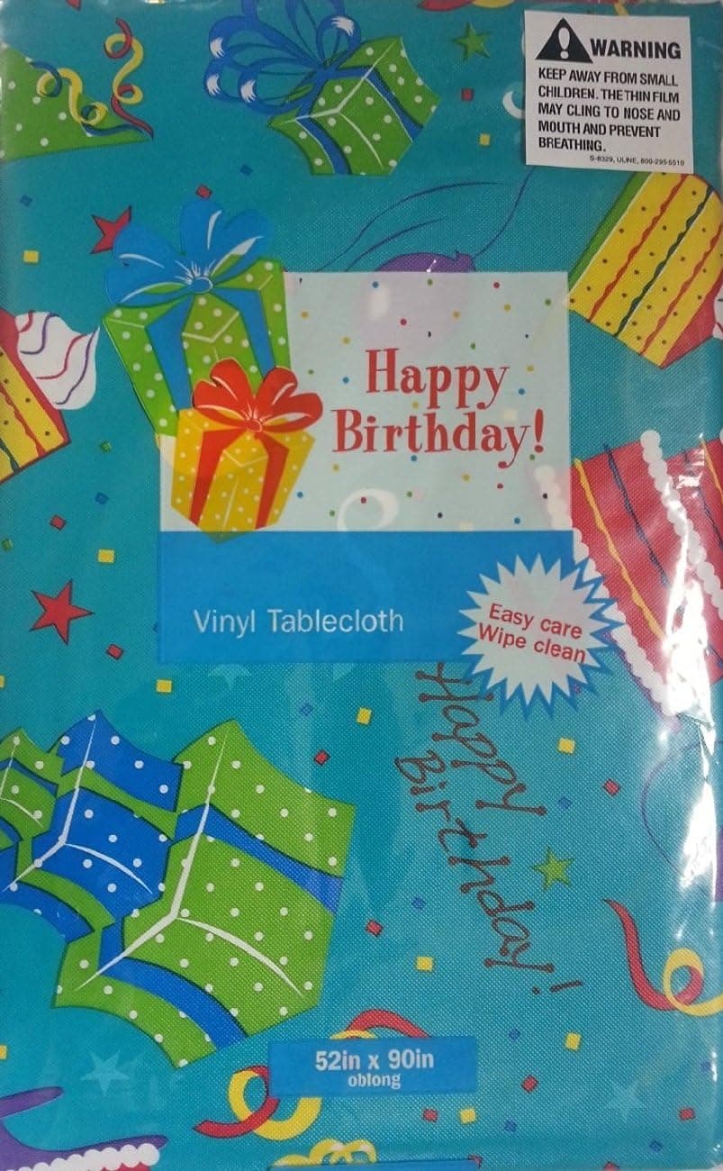 Colorful Vinyl Birthday Tablecloth with Flannel Backing - 52 Inches X 70 Inches