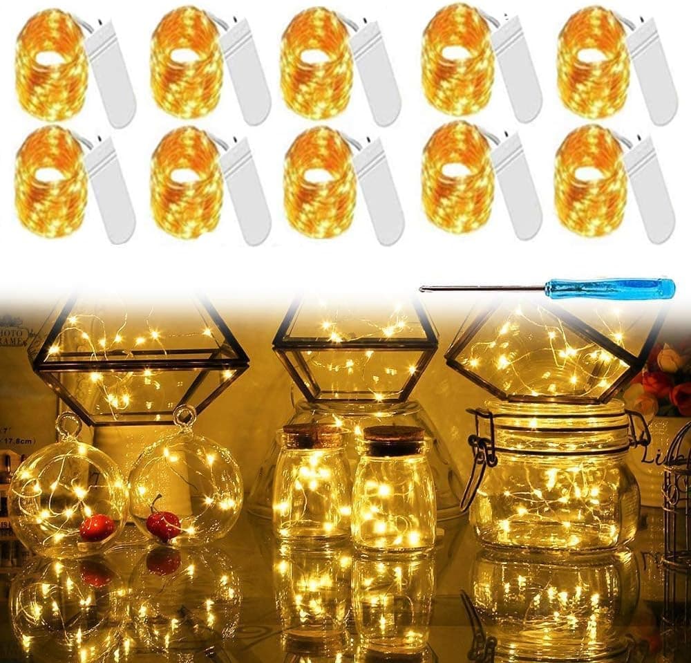 Chinety LED Fairy Light String 10 Pack Micro 20 LED Battery Operated Silver Wire String Lights Mini Waterproof Twinkle Star Starry Lights Mason Jar Lights for Party Wedding Bedroom Decor (Warm White)