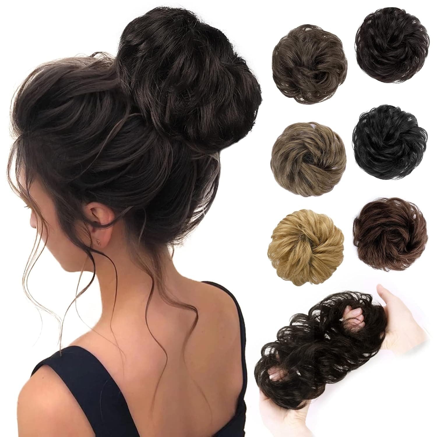 MORICA100% Human Hair Bun Messy Hair Bun Hairpiece for Women Messy Bun Hair Piece Curly Hair Scrunchie Chignon Extension Bun Black Brown Hairpiece for Daily Activities (Black Brown)