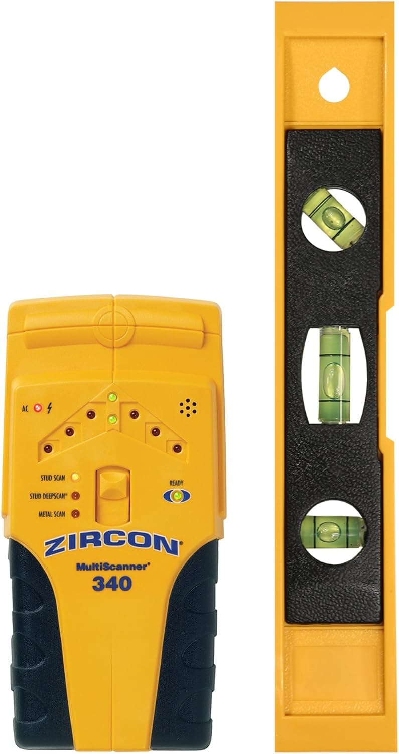 Zircon MultiScanner 340 Electronic Wall Scanner and Bonus 9" Level/Edge Finding Stud Finder for Wood and Metal Studs/Metal Detector for Plumbing/Live AC WireWarning Detection to Avoid Hazards