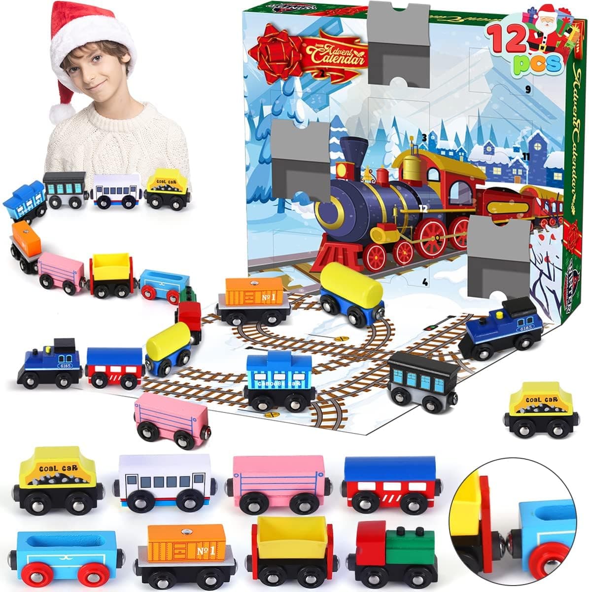 JOYIN 2022 Christmas Advent Calendar 12 Days Countdown Calendar with 12 Pcs Wooden Train Cars Magnetic Train Sets for Boys Kids Party Favors, Classroom Prizes, Xmas Gift