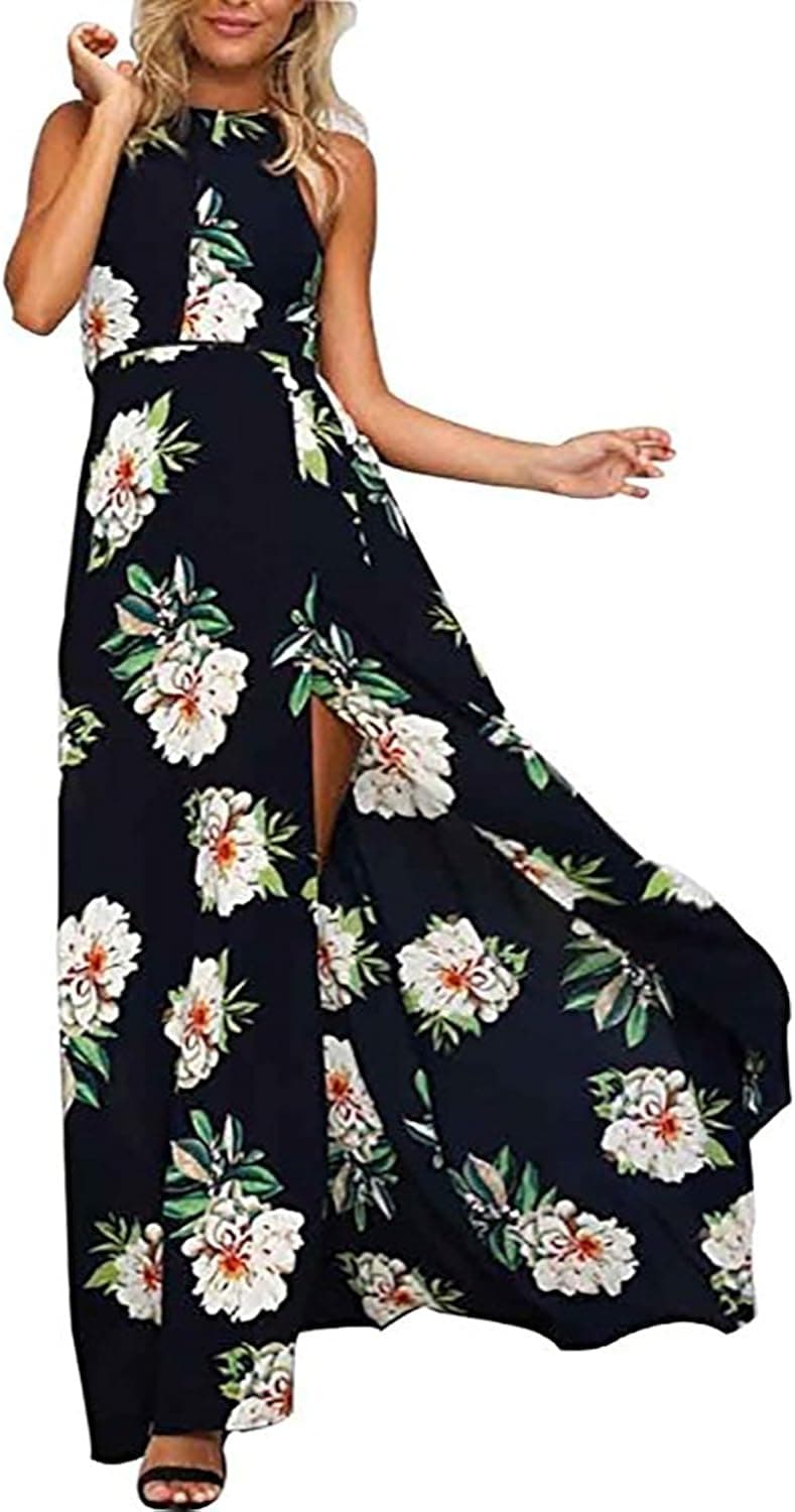 FACE N FACE Women's Sexy Halter Neck Floral Print Backless Split Beach Maxi Dress