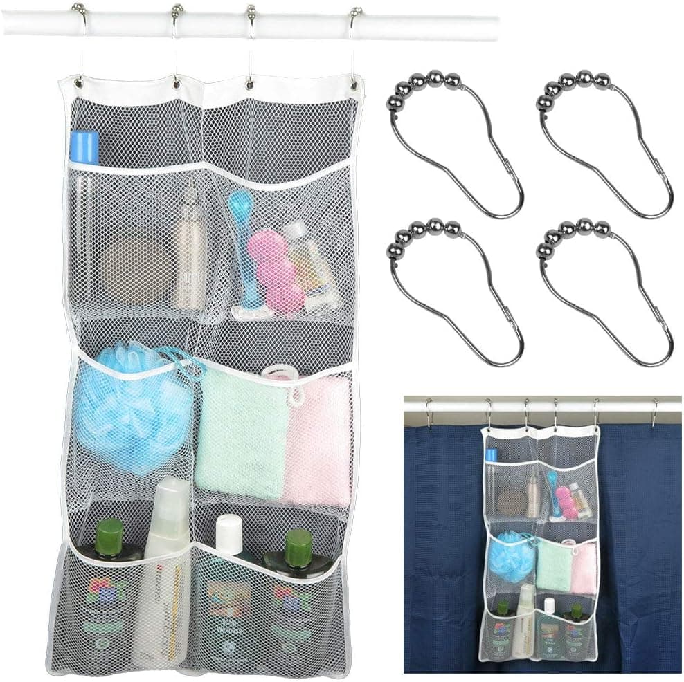 Evelots Shower Caddy-Quick Dry-6 Pocket-Shampoo/Soap/Razor-4 Extra Curtain Hooks