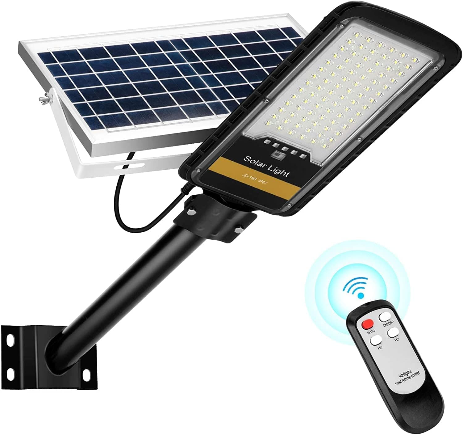Juyace 80W Solar Street Lights Outdoor Lamp, 84 LEDs 1600LM 6500K IP67, Dusk to Dawn Solar Powered Security Led Flood Light, for Yard Garden Parking Lot, etc.