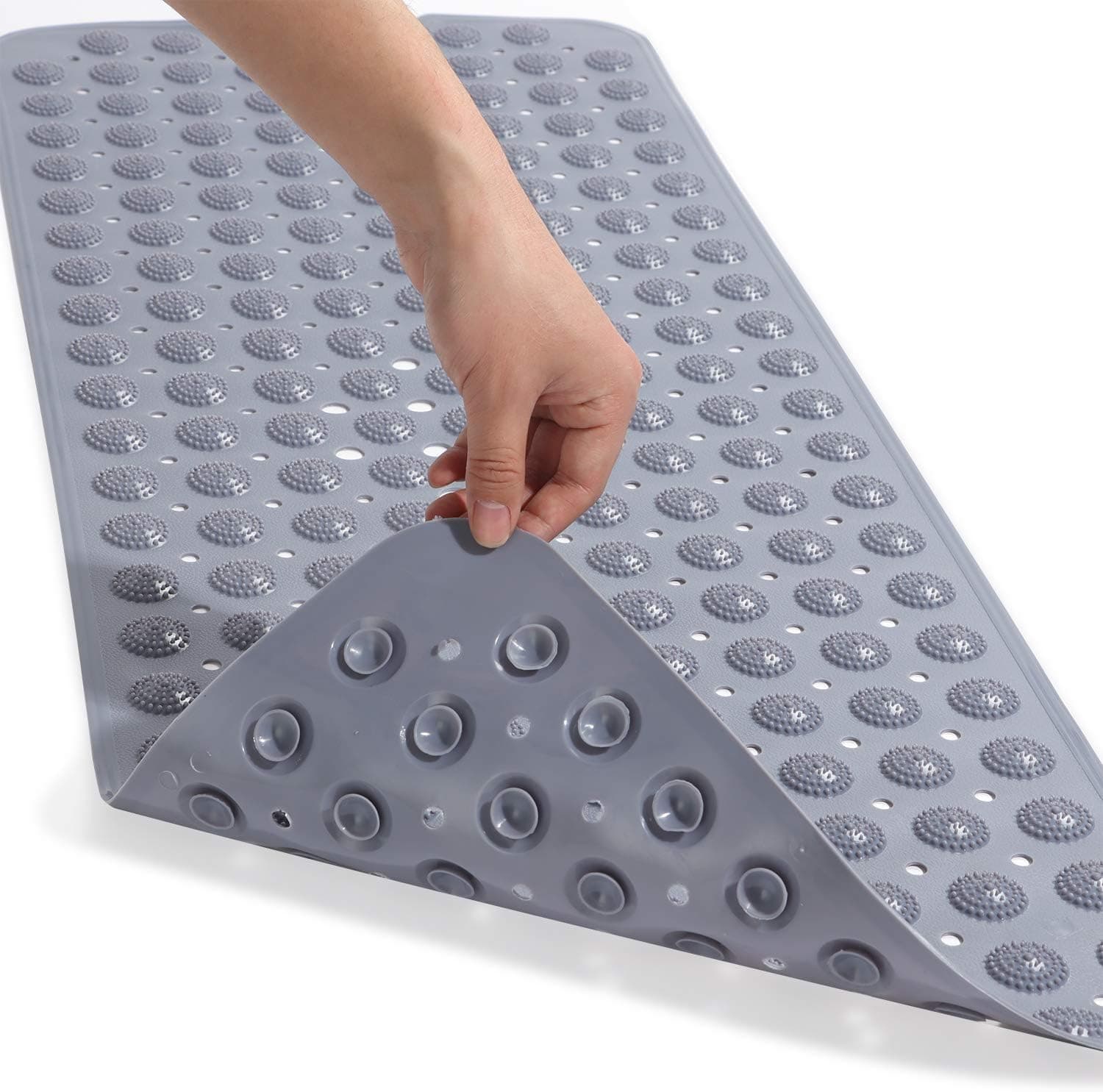 Genenic Bathroom Tub Mat, 28" x 14" Non Slip Shower Bath Mat Bath Mat Round with Massage Point Suction Cups Drain Holes for Home Hotel Toilet Floor Tub Mat (Dark Grey)