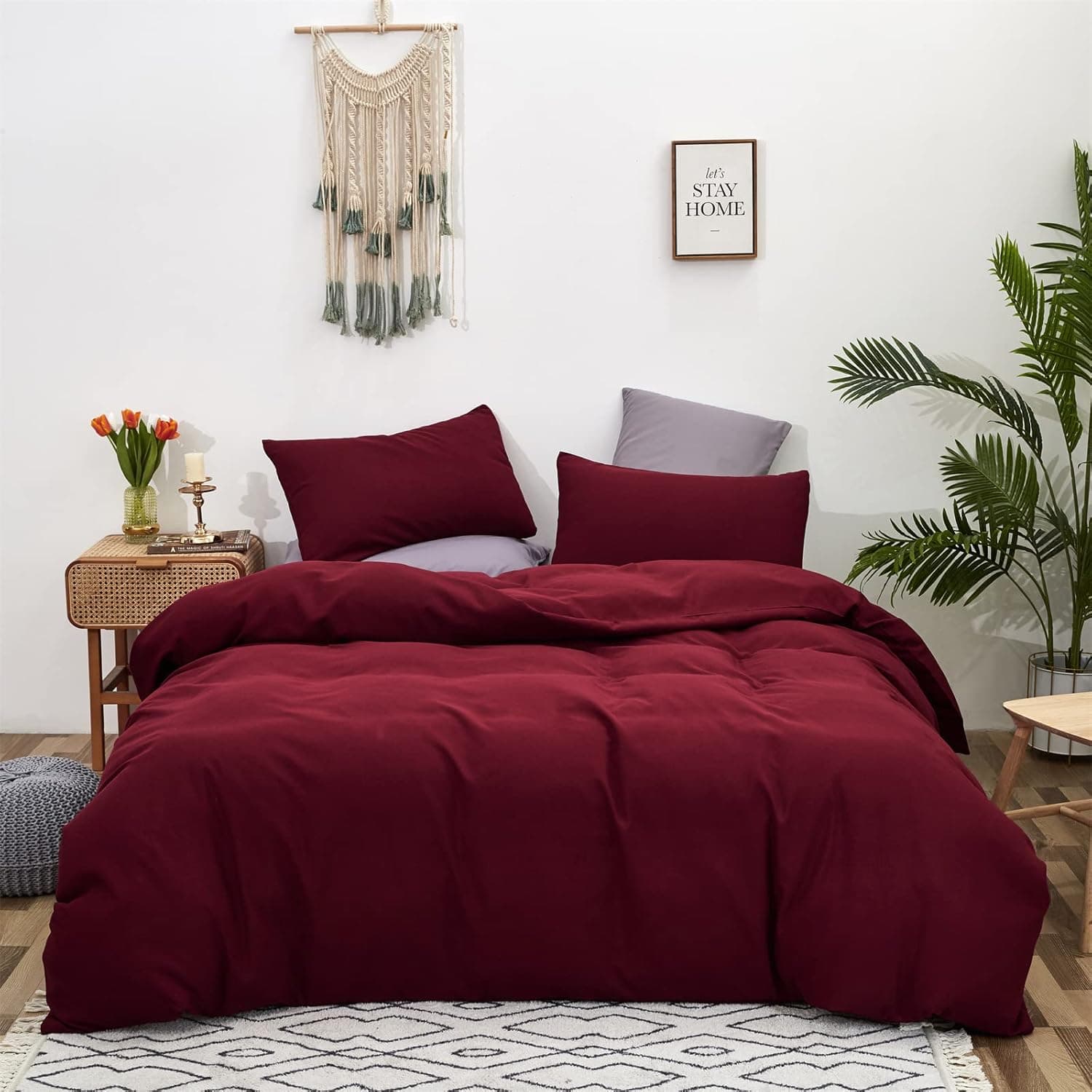 Luxlovery Burgundy Comforter Set King Claret Dark Red Bedding Comforter Set Wine Red Blanket Modern Solid Dark Color Soft Breathable Comforter Quilts 3 Piece Bedding Set for Women Men Adults