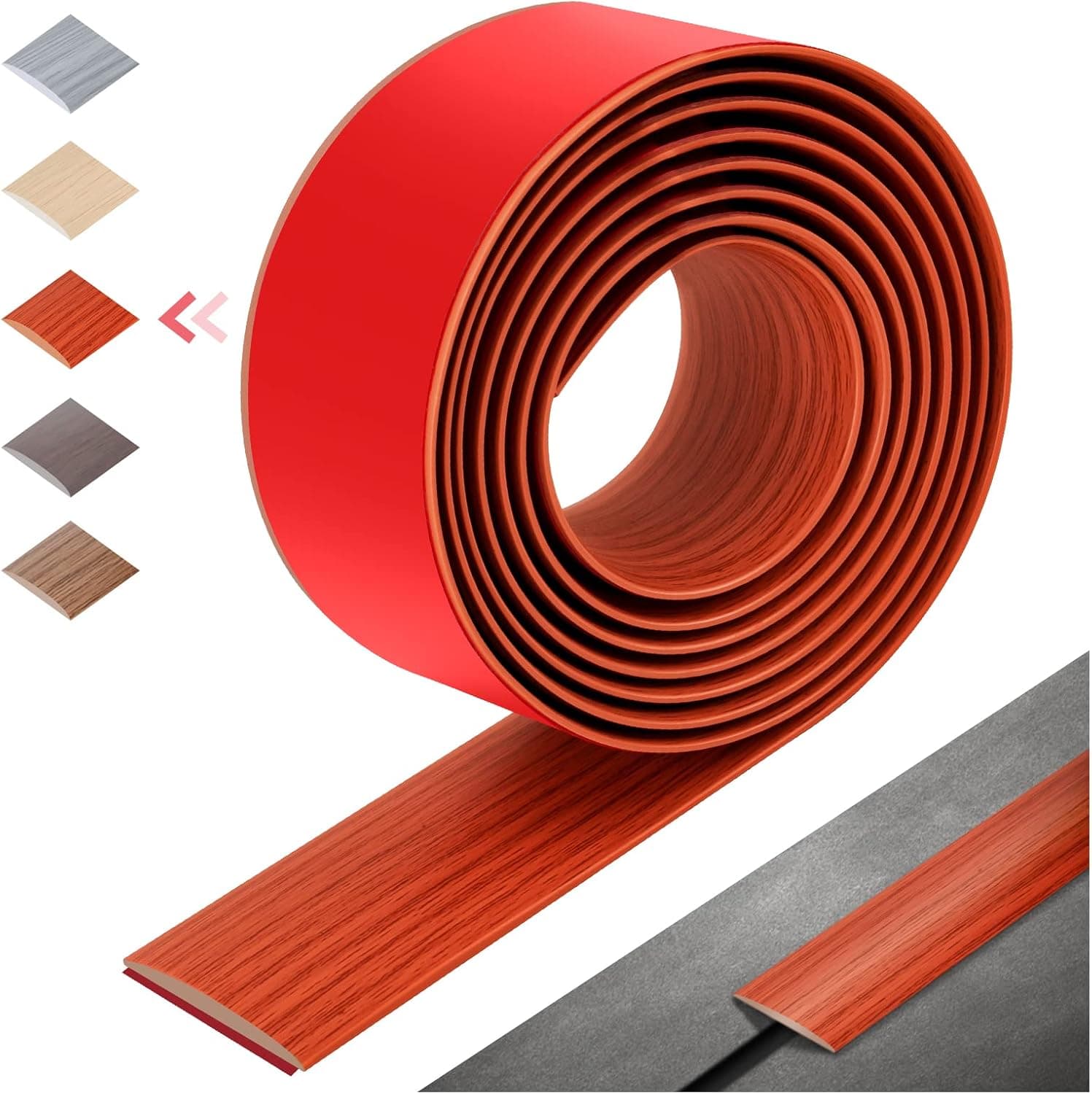 BAUMFEUER Floor Transition Strip Self Adhesive Flooring Threshold Rubber Transition Strip Vinyl Floor Flat Divider Strip Edge Trim Laminate Floor Gap Covering (6.56 Ft, Red-Brown Wood Grain)