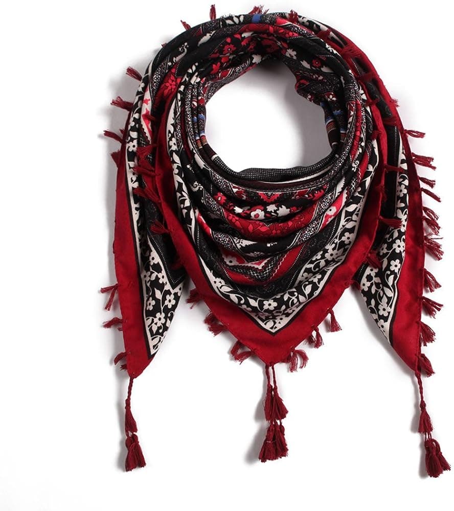 Women Tassel Scarf Cotton Bohu Style- 43"×43" Large Cozy Square Shawl and Wraps