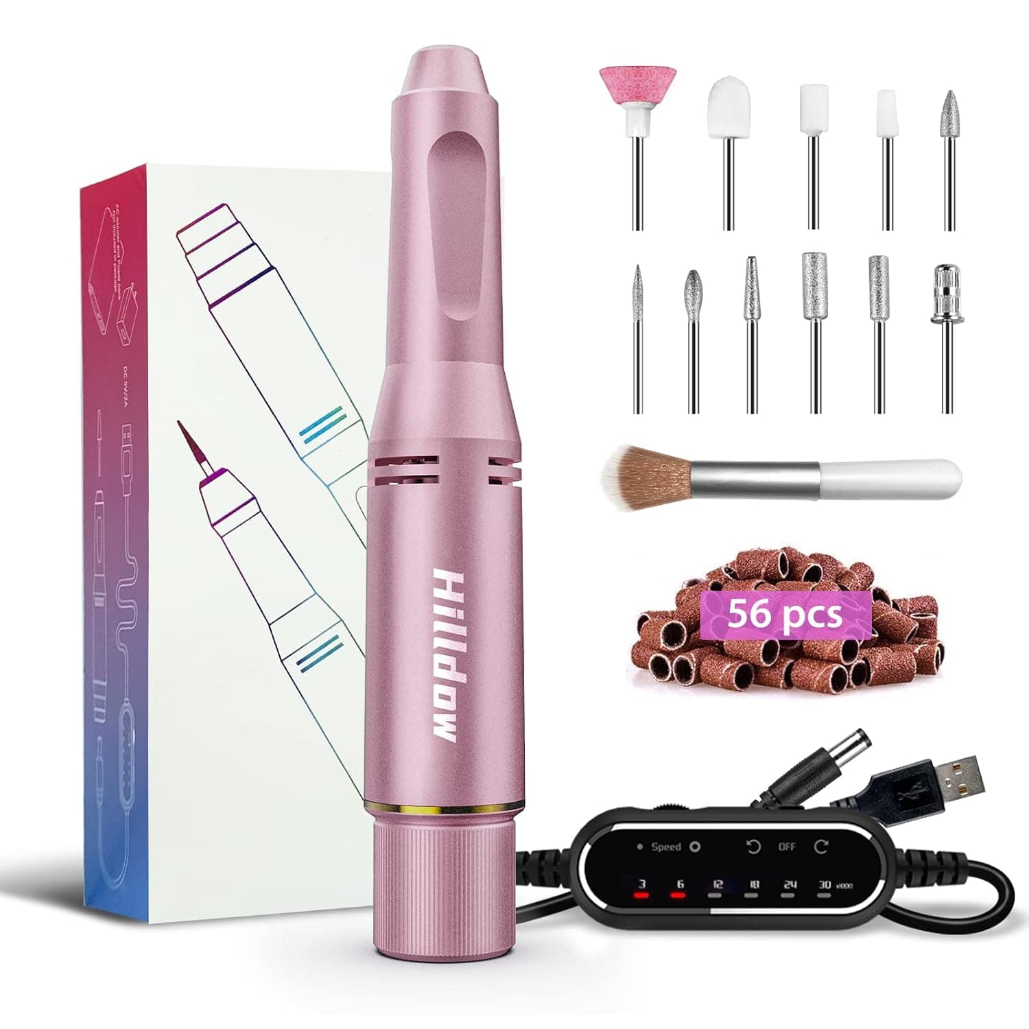Hilldow 30000 RPM Nail Drill Machine, Portable Electric Nail File for Acrylic Gel Nails, Manicure Pedicure Shape Tools, Professional Efile Nail Drill Kit, 11Pcs Bits 56 Sanding Bands and Brush (Pink)