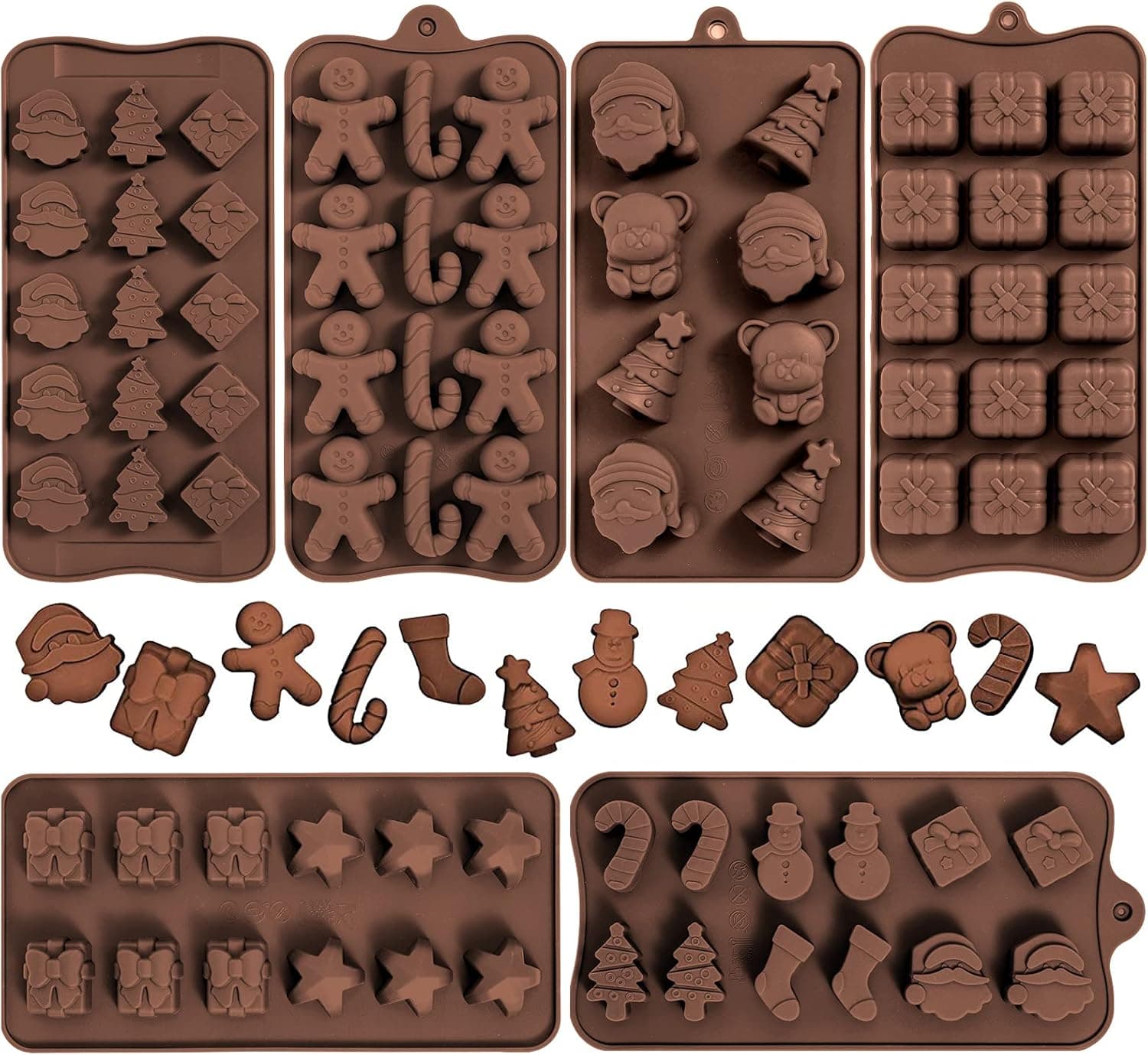 Whaline 6pcs Christmas Silicone Chocolate Mould, Xmas Candy Mold Trays, Baking Jelly Sweet Mould Santa Clause Snowman Christmas Tree Present Gingerbread Stockings Bear Star Candy Cane
