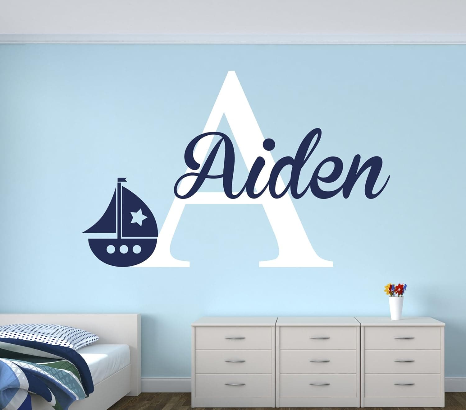 Personalized Name Sailboat Wall Decal for Boys - Nautical Wall Decal - Nursery Wall Decals Nautical Decor Wall Art Vinyl (34Wx16H)