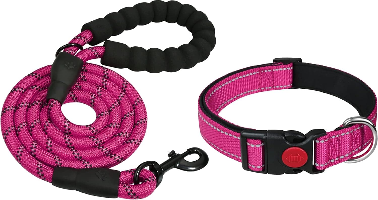 Taglory 14"-20" Dog Collar Bundle with 5FT Rope Leash, Reflective Padded Dog Collar with Nylon Dog Leash for Medium Dogs, Hot Pink