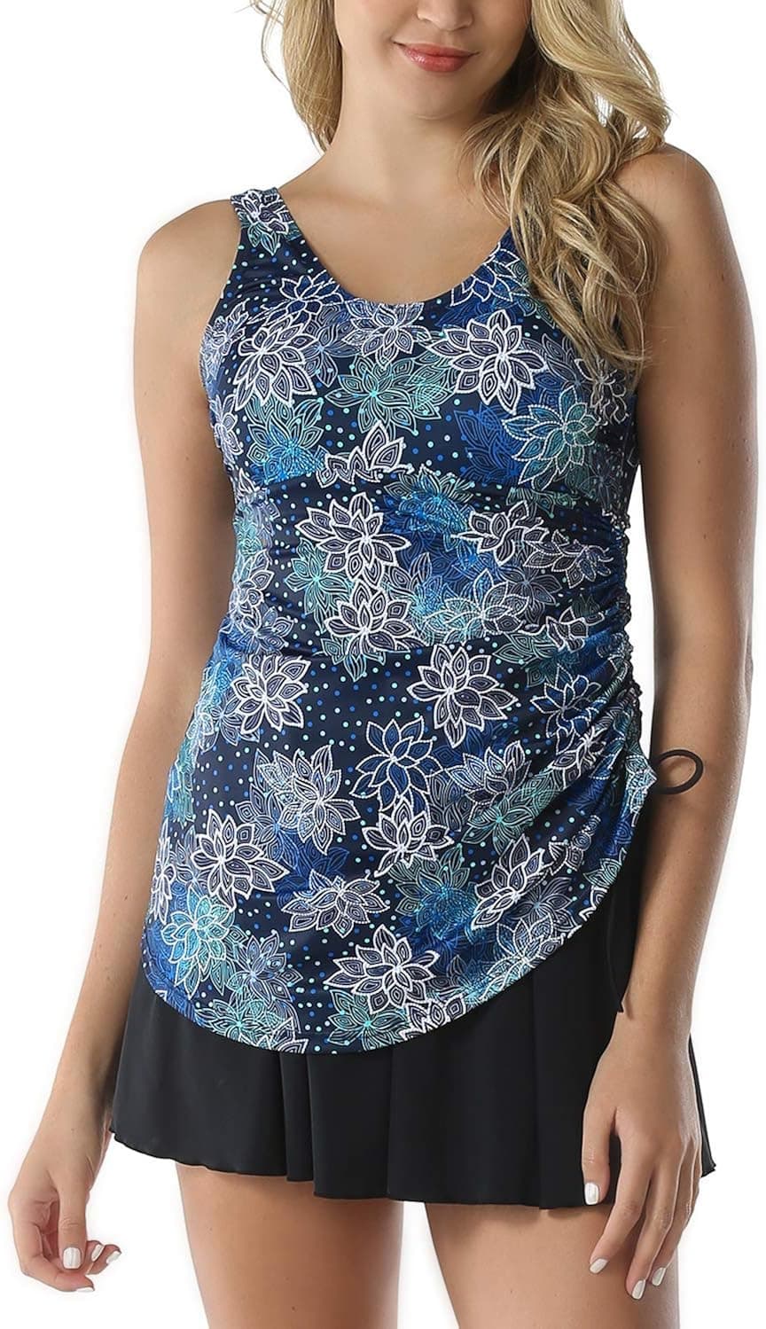 Septangle Women's One Piece Polka Dot Body Shaping Ruffled Hem Swimdress