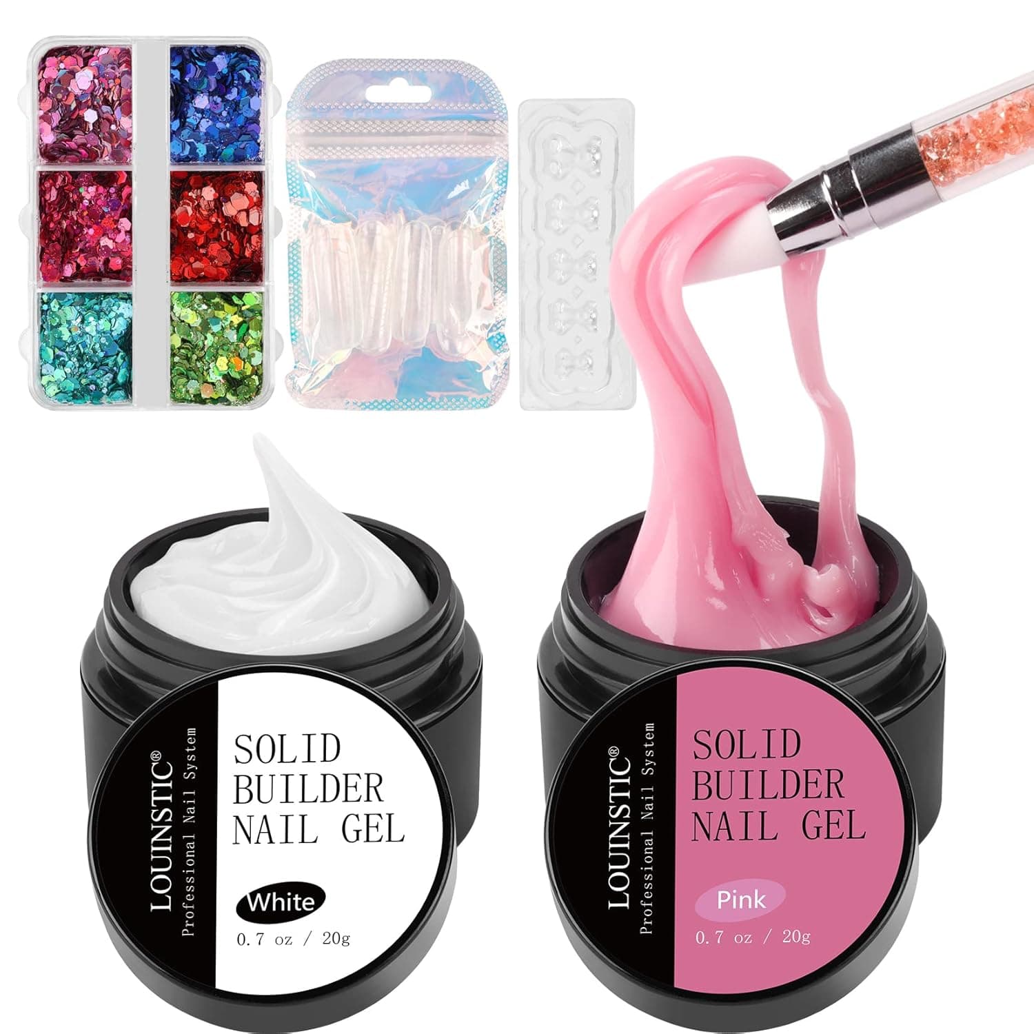 LOUINSTIC Builder Gel Nail Kit - Non-Sticky Gel Builder for Nails Solid Builder Nail Gel Pink White Builder Gel Nail Extension Gel for Nail Carving Frech Nails 3D Modeling Nail Art gel solido para uñas(0.7oz, UV/LED Lamp Required)