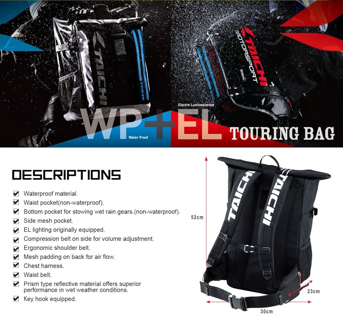 TAICHI Rsb272 Motorcycle Riding Outdoor Sports Hiking Fishing Travel Waterproof Backpack with LED Safety Light