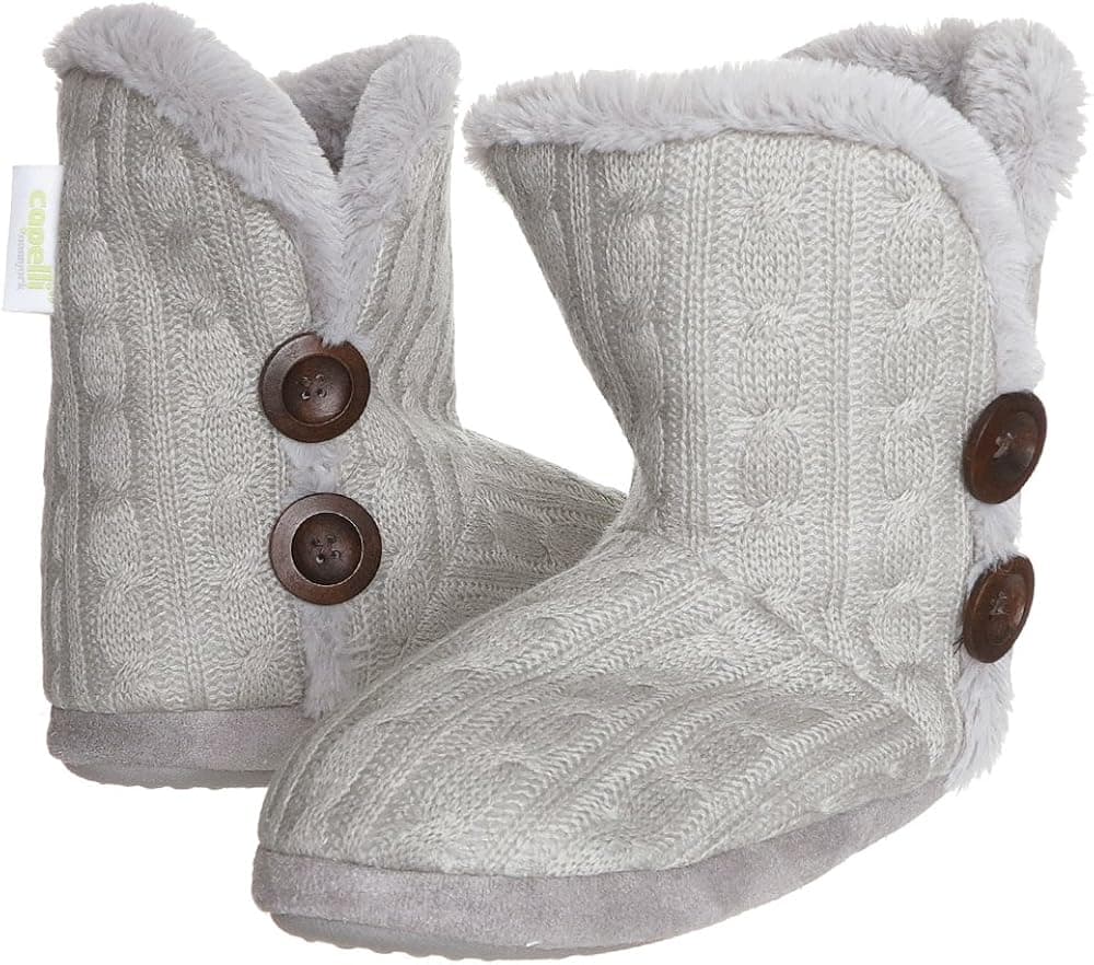 Capelli New York Ladies Knit Indoor Slipper Boot with Faux Fur Grey Large