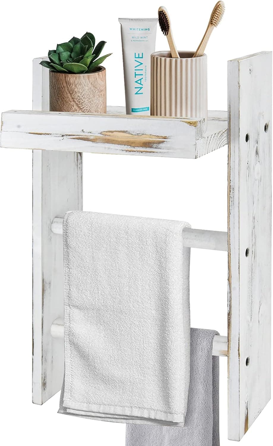 Y&Me Wall Hanging Ladder Towel Rack with Shelf, Rustic Wall Mounted Storage Towel Ladder Holder with Towel Bar, 3 Tiers Towel Rack Holder with Storage Shelf for Bathroom, Kitchen
