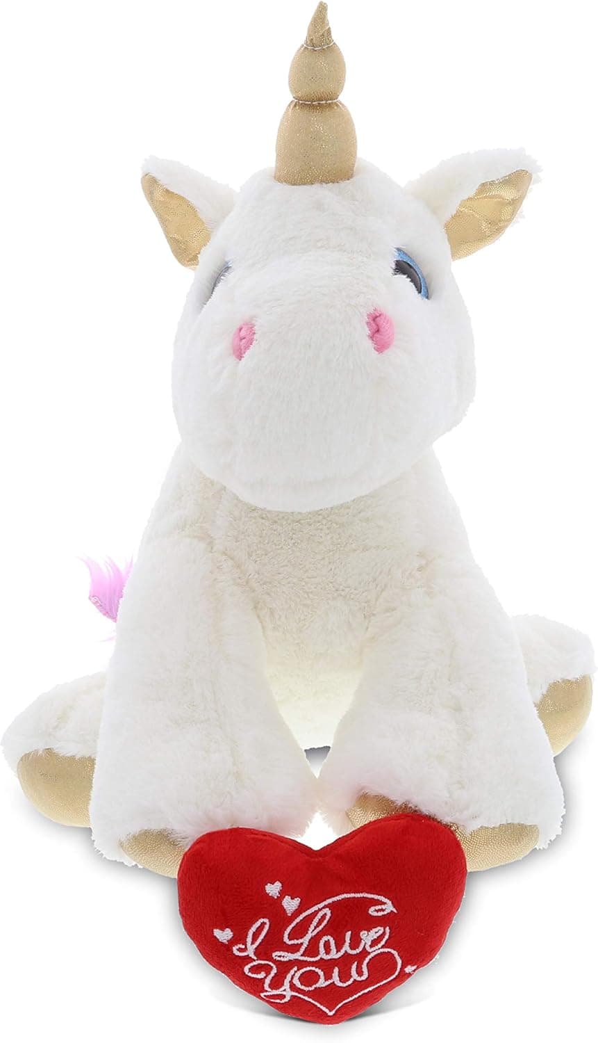 DolliBu I Love You Plush White and Gold Unicorn – Cute Stuffed Animal with Red Heart and Name Personalization for Valentine, Anniversary, Romantic Date, Gift – 11.5 Inches