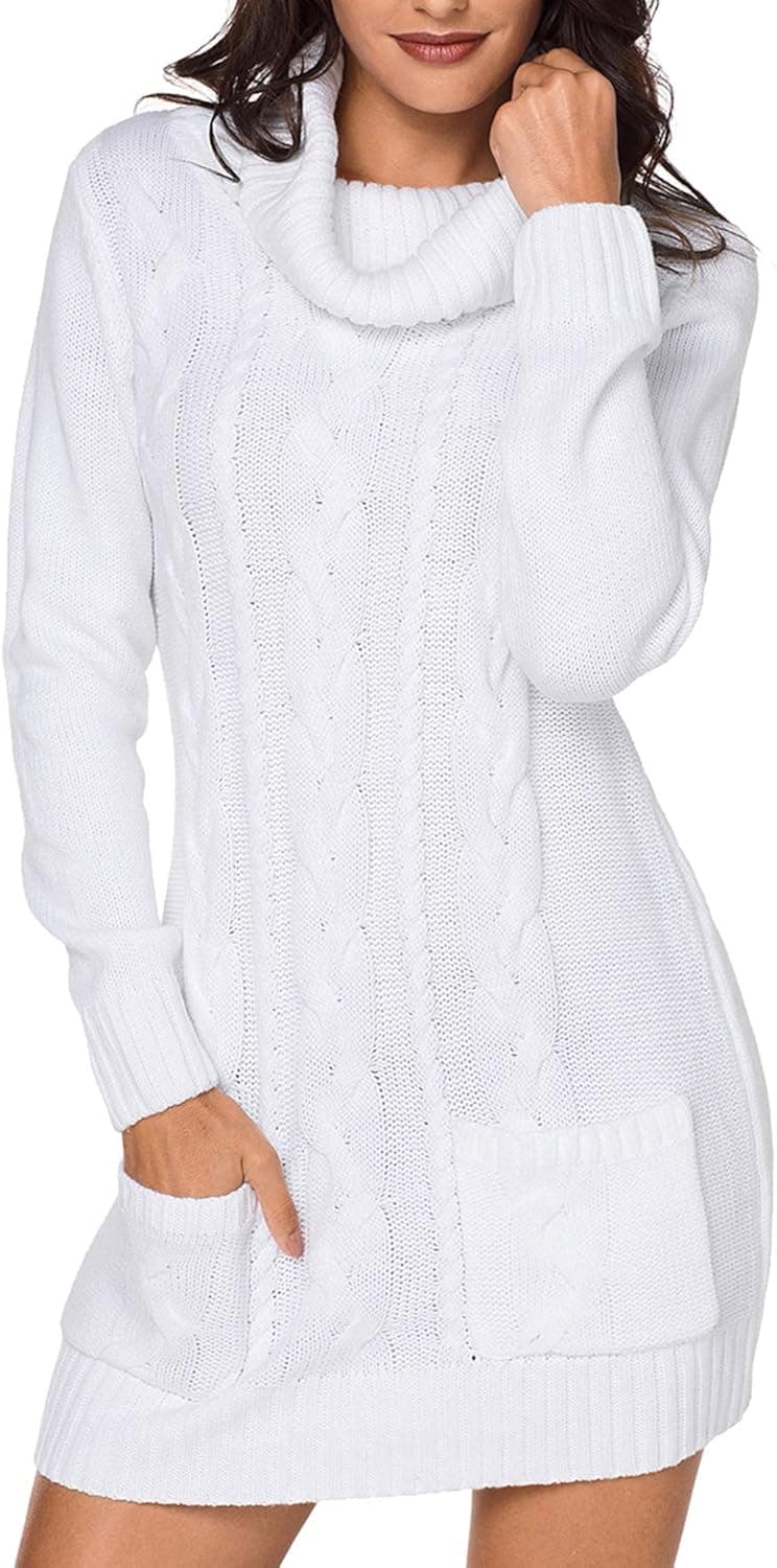Cutiefox Womens Sweaters Turtleneck Twist Chunky Cable Knit Casual Jumper Pullover Tunic Sweaters Dress XL White