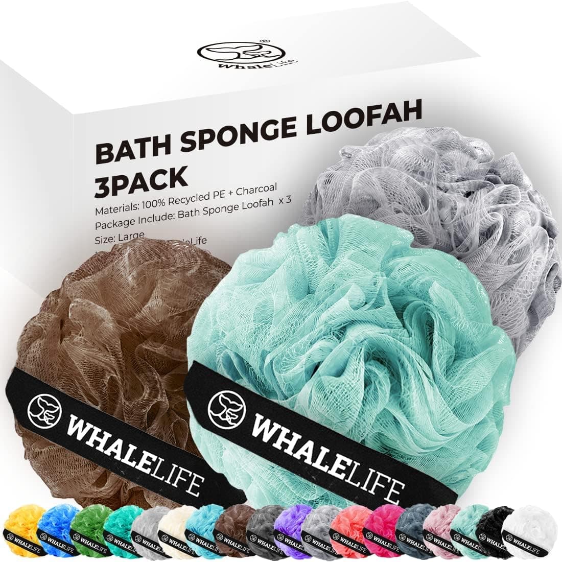 Loofah Sponge Exfoliating Bath Sponge for Shower for Women Men 3 Pack (Borwn Blue Gray)